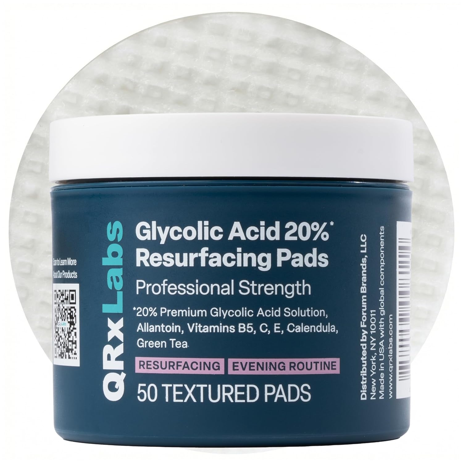 QRxLabs 20% Glycolic Acid Resurfacing Pads, 50 pad jar