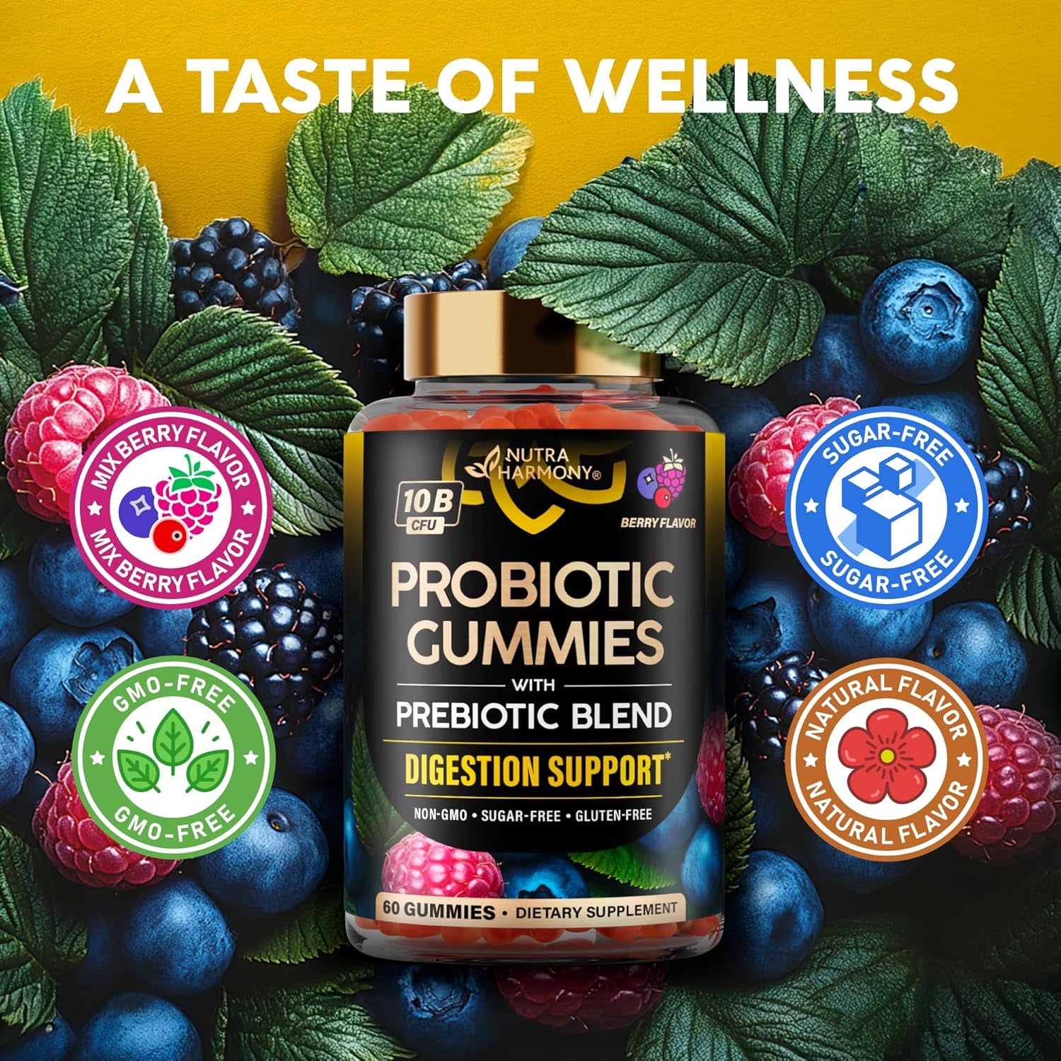 NUTRAHARMONY Probiotic Gummies — 60 Count | 10 Billion CFU with Prebiotic Fibre | Gut Health & Digestive Balance Support