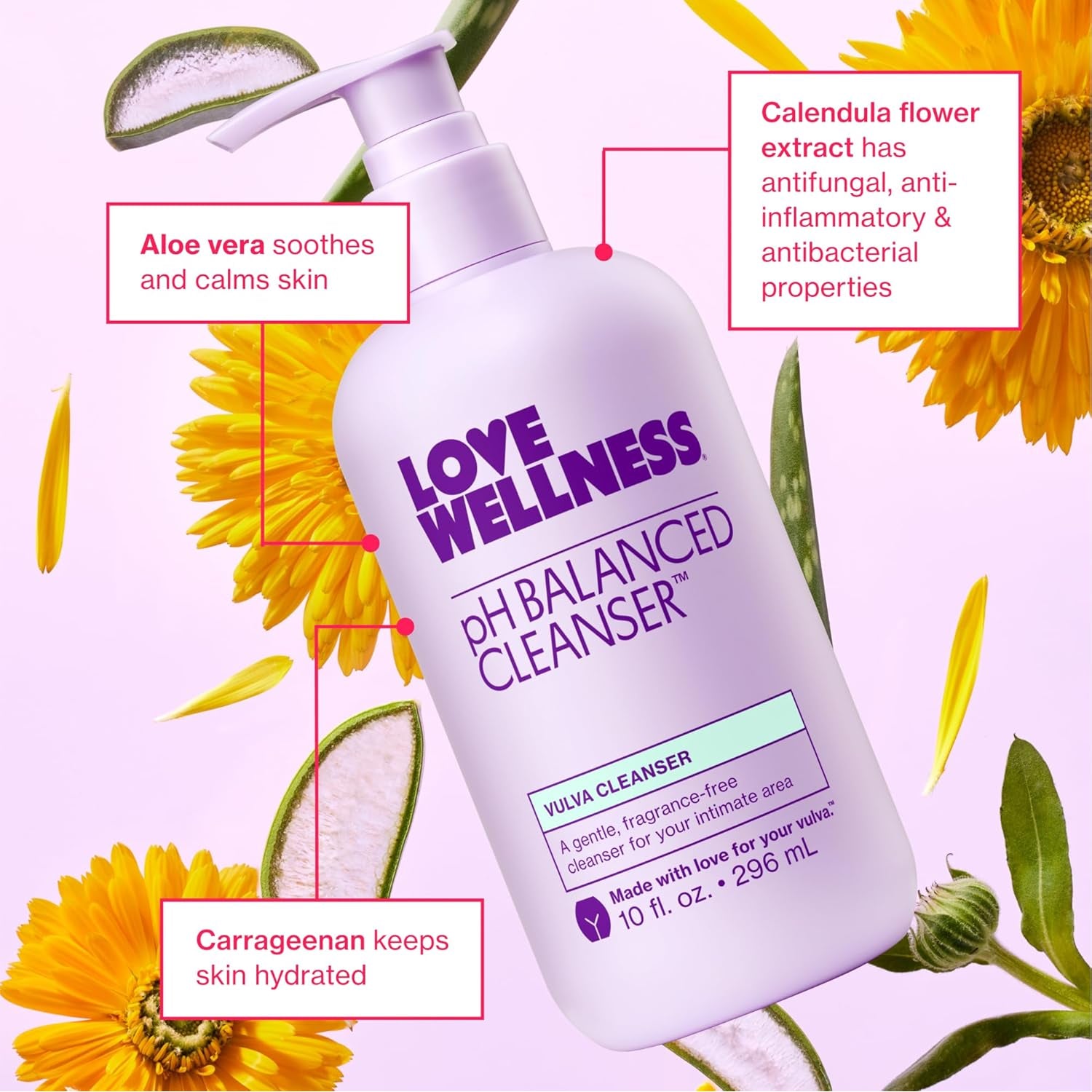 Love Wellness pH Balancing Feminine Cleanser – Aloe Vera & Calendula Vulva Wash for Intimate Health & Sensitive Skin | Fragrance-Free | 296ml