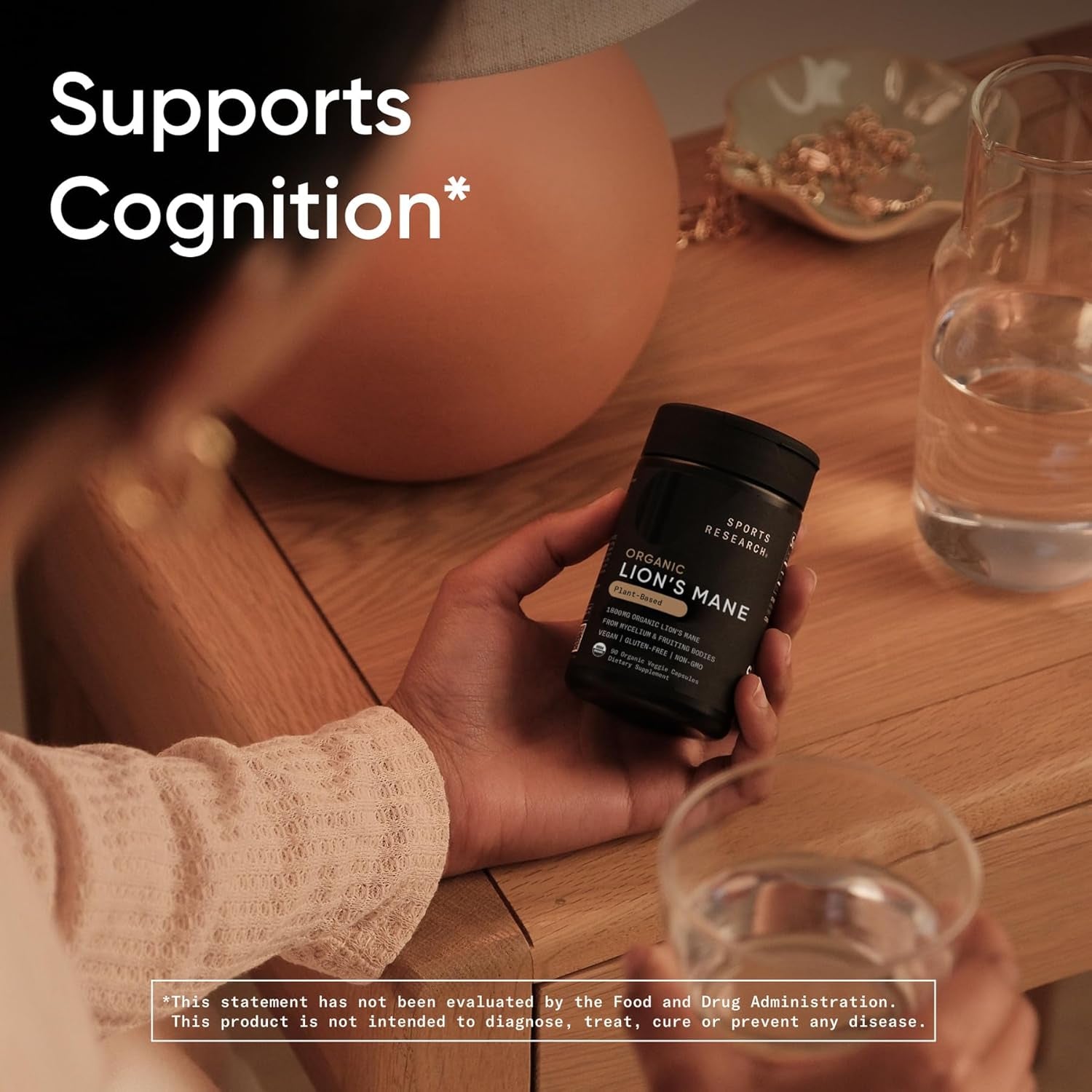 Sports Research® Organic Lion'S Mane Mushroom Supplement 1800Mg - Brain Health, Focus & Cognitive Supports - USDA Certified Organic · Non-Gmo · Vegan - 90 Count Capsules