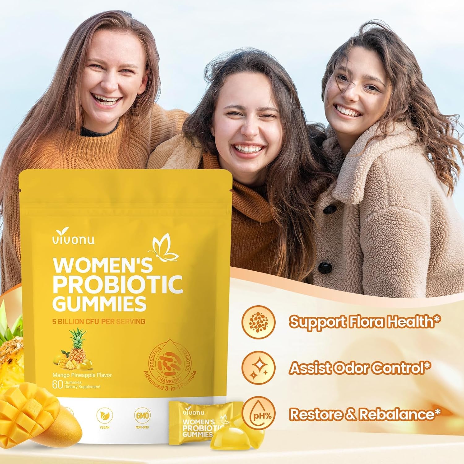 VivoNu Women's Feminine Balance Probiotic Gummies – 60 Count | Mango Pineapple | Vaginal pH Balance & Flora Support | Prebiotic & Probiotic Blend