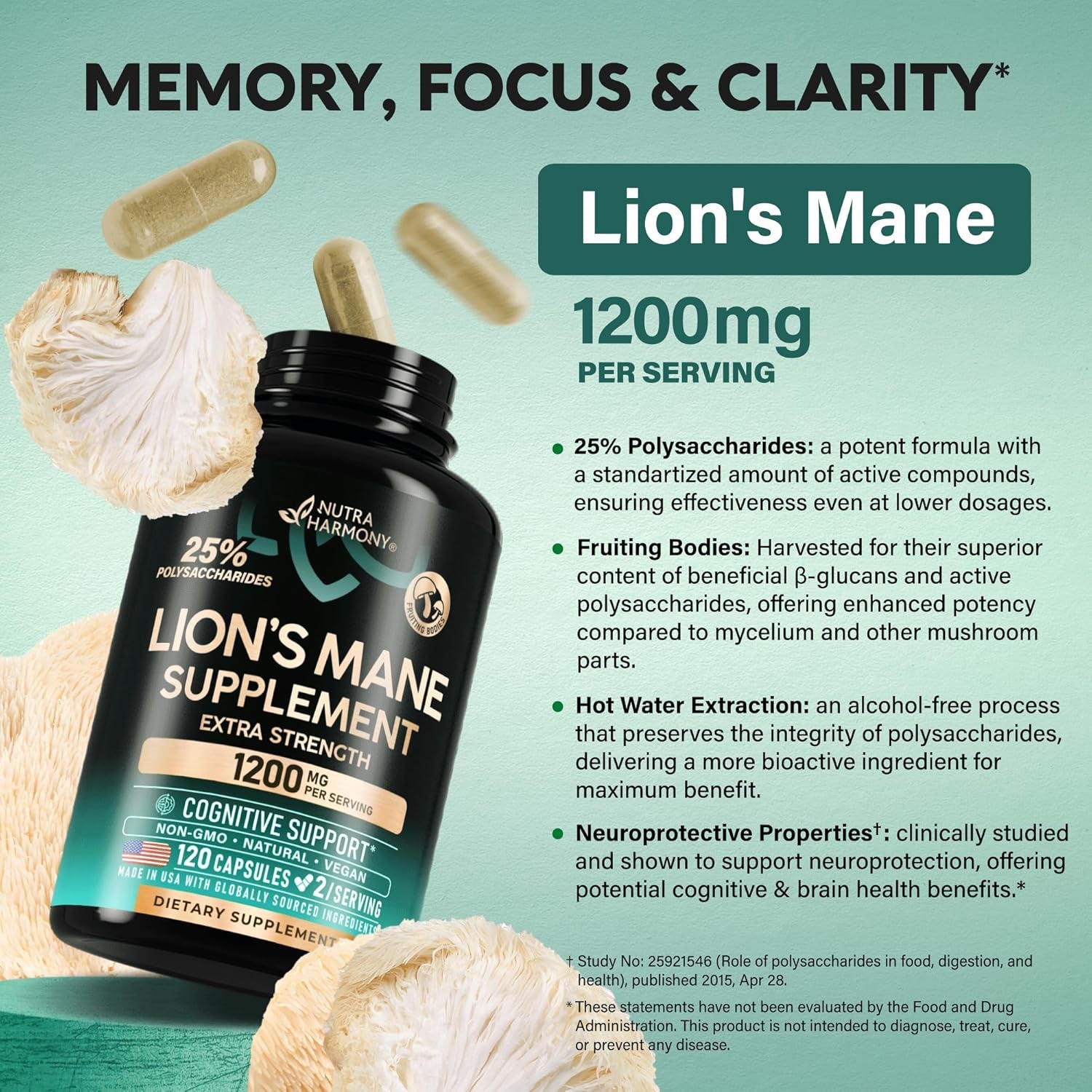 NUTRAHARMONY Lion's Mane Mushroom Supplement — 120 Capsules | High-Strength Polysaccharides | Brain, Focus & Cognitive Support