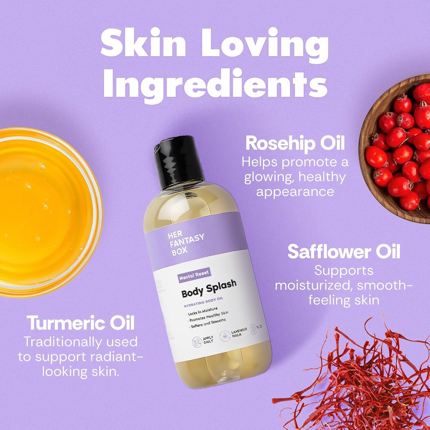 Her Fantasy Box | Body Splash Mental Reset Fragrance Oil – Lavender, Chamomile & Warm Vanilla Scent with Soft Amber & Musk, Lightweight Hydrating Body Oil, Vegan & Cruelty Free