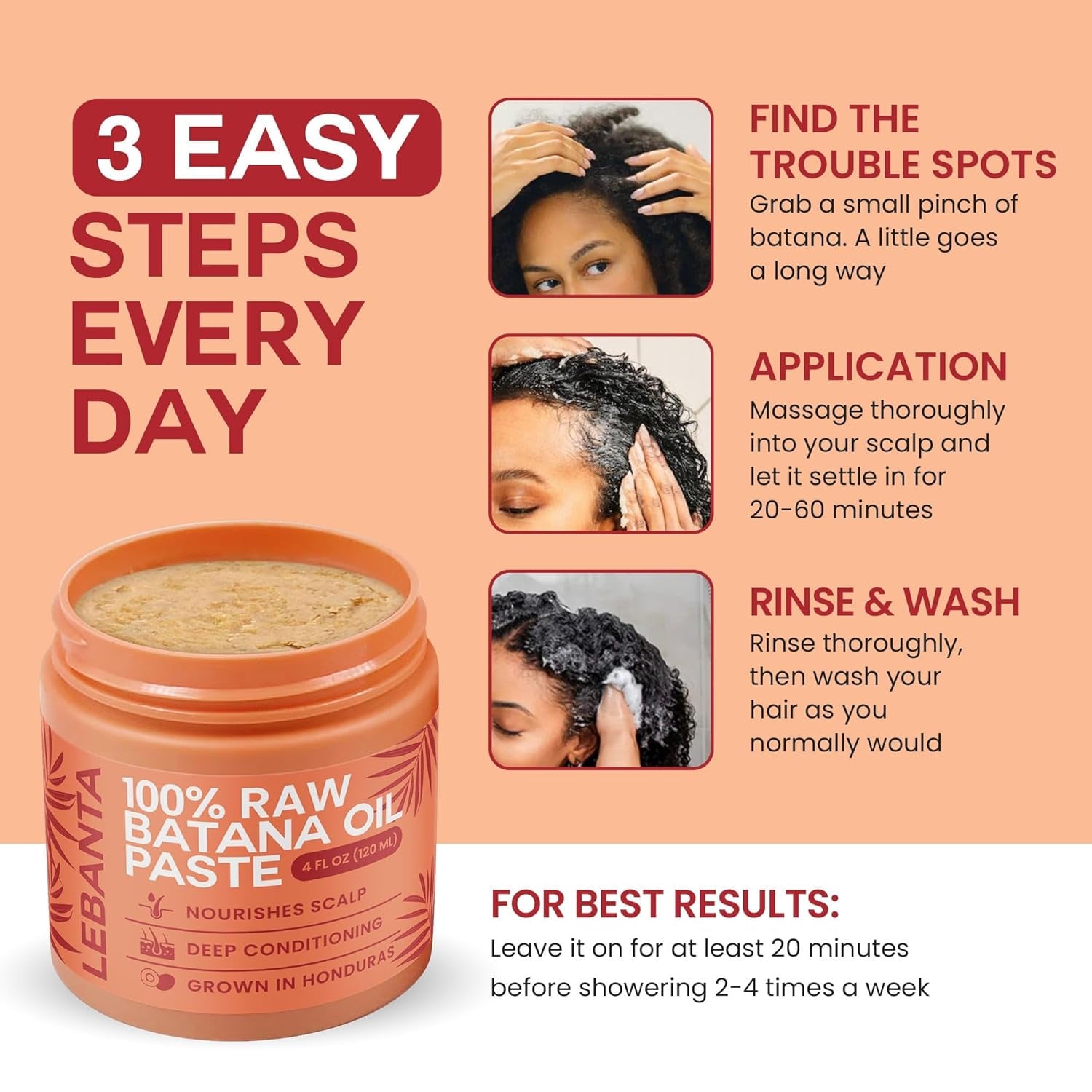 Lebanta Raw Batana Oil for Hair Growth - 100% Pure, Organic 4Oz Batana from Honduras for Thick and Strong Natural Hair - Dr. Sebi Unrefined Cold Pressed Cosmetic Scalp Mask Gifts for Women (1 Pack)