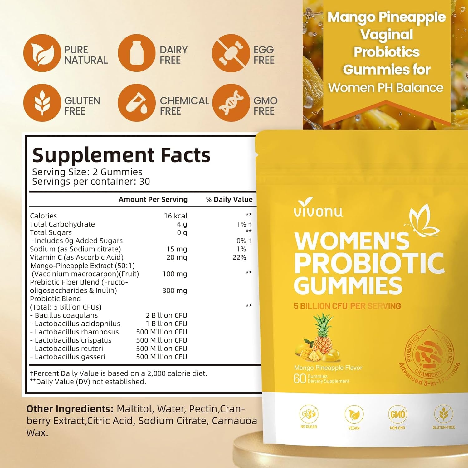 VivoNu Women's Feminine Balance Probiotic Gummies – 60 Count | Mango Pineapple | Vaginal pH Balance & Flora Support | Prebiotic & Probiotic Blend