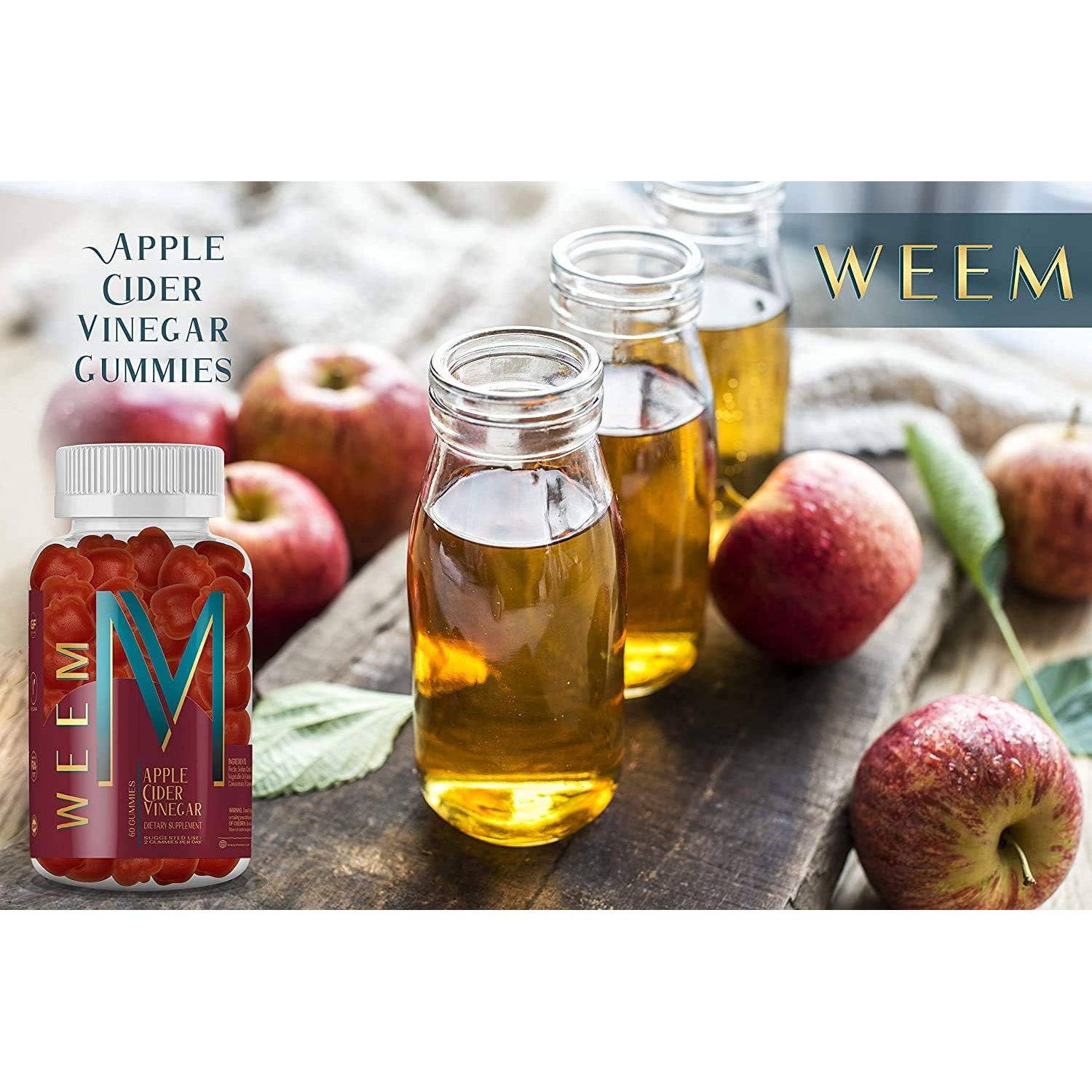 WEEM Apple Cider Vinegar Gummies - Natural, Vegan ACV with Folic Acid- Gluten Free - Vitamin B12 - Premium Detox & Weight Supplement- Helps Digestion for Women and Men