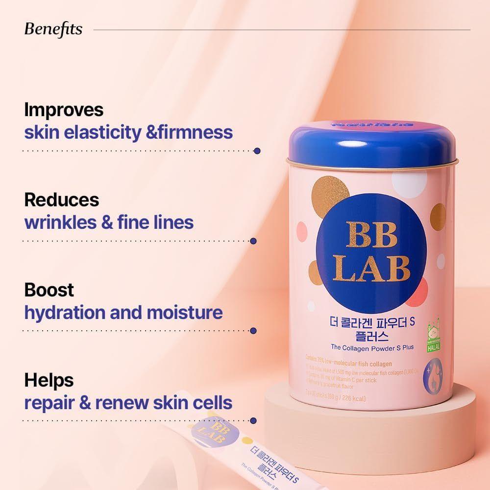 BB LAB The Collagen Powder S Plus – Grapefruit Flavor (30 Sticks) | Halal-Certified, Low-Molecular Marine Collagen for Radiant Skin