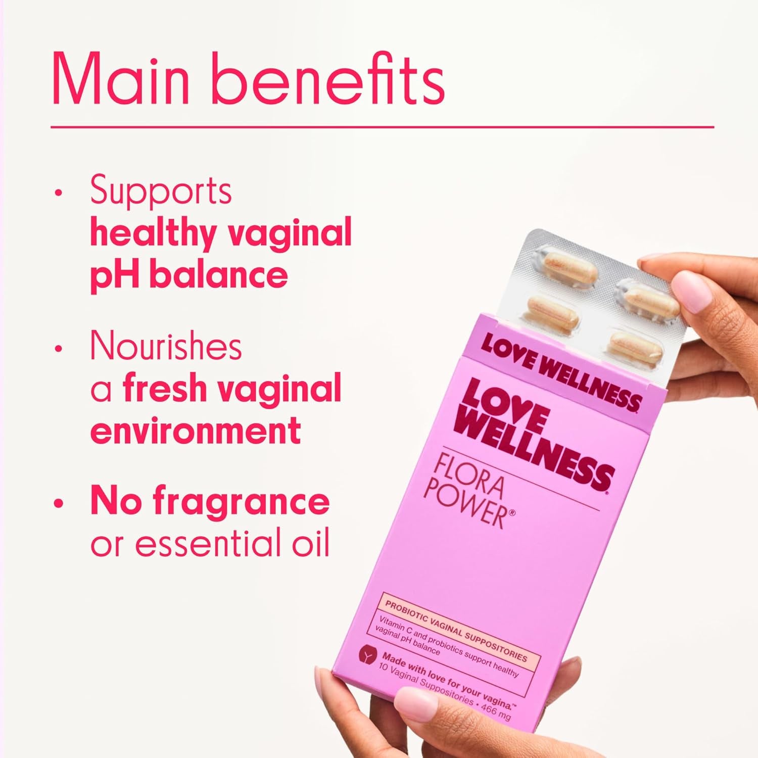 Love Wellness Flora Power | Vaginal Probiotic Suppositories with Vitamin C | Supports Ph Balance & Vaginal Health | Fragrance-Free, Non-Gmo & Paraben-Free | 10 Count