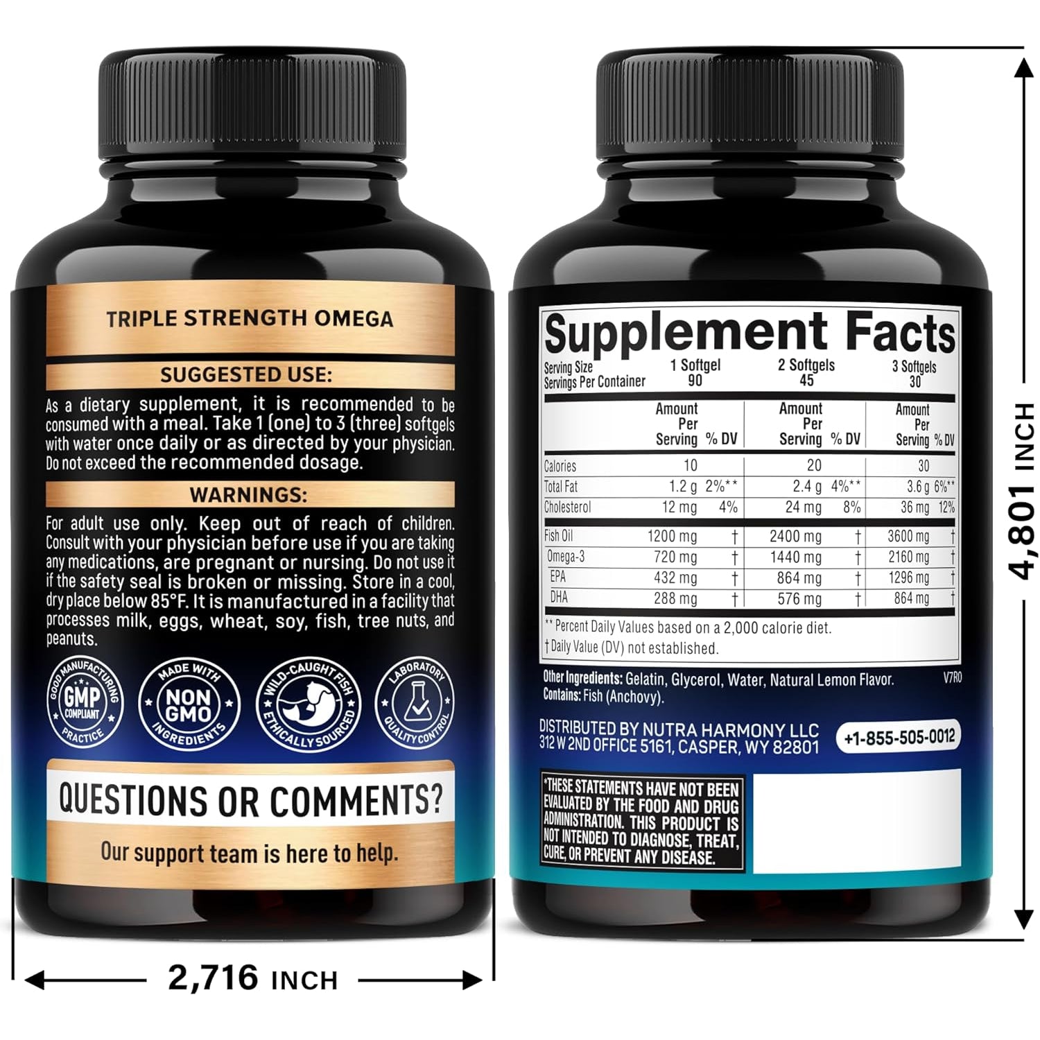 NutraHarmony Omega-3 Fish Oil 3,600mg – 90 Softgels | EPA & DHA | Heart, Brain & Joint Support | Heavy Metals Free | Lemon Flavour