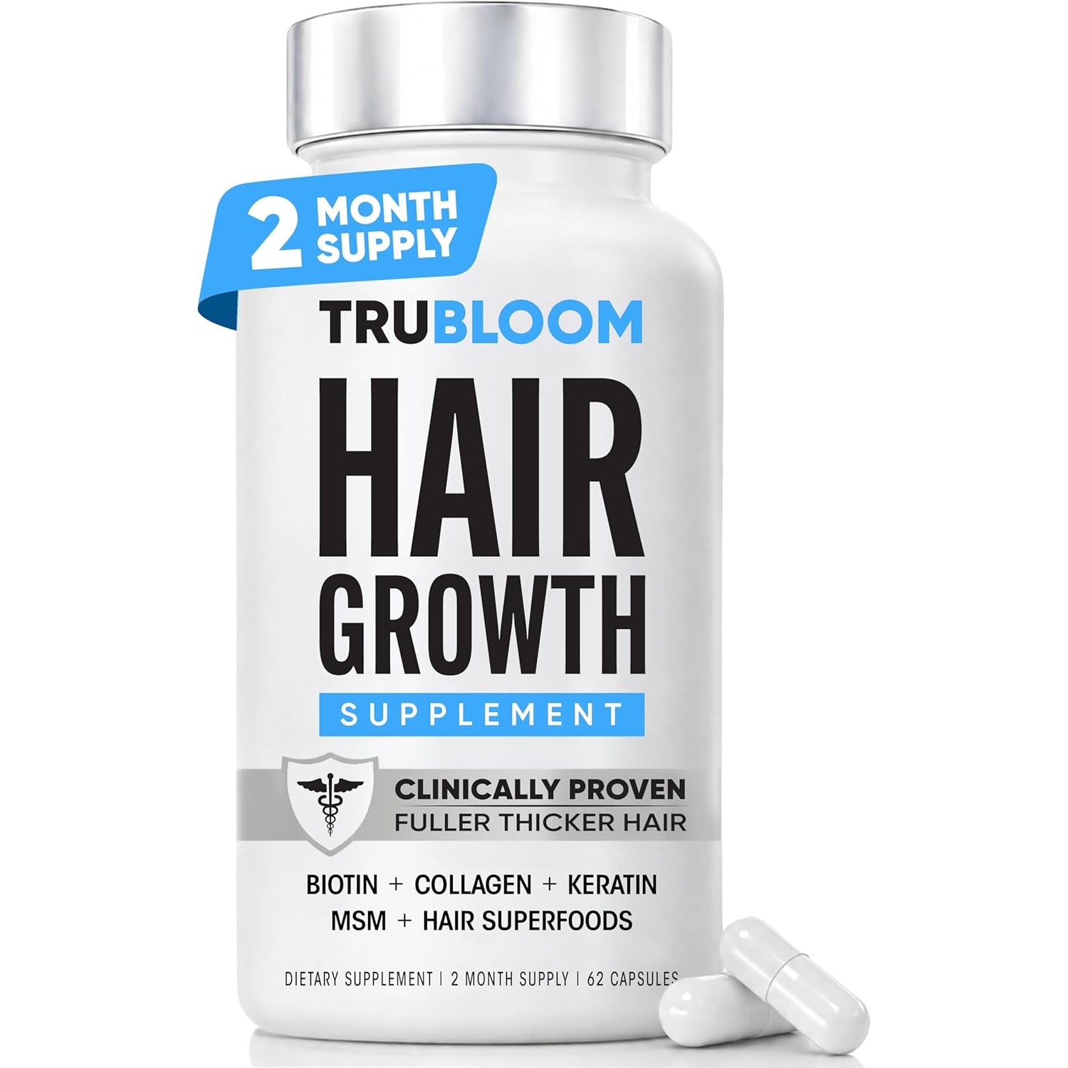 TRU BLOOM Hair Growth Vitamins – 2 Month Supply | Clinically Proven & Dermatologist-Tested for Fuller, Thicker Hair | Biotin, Collagen, Keratin, MSM, Zinc & Vitamin D3