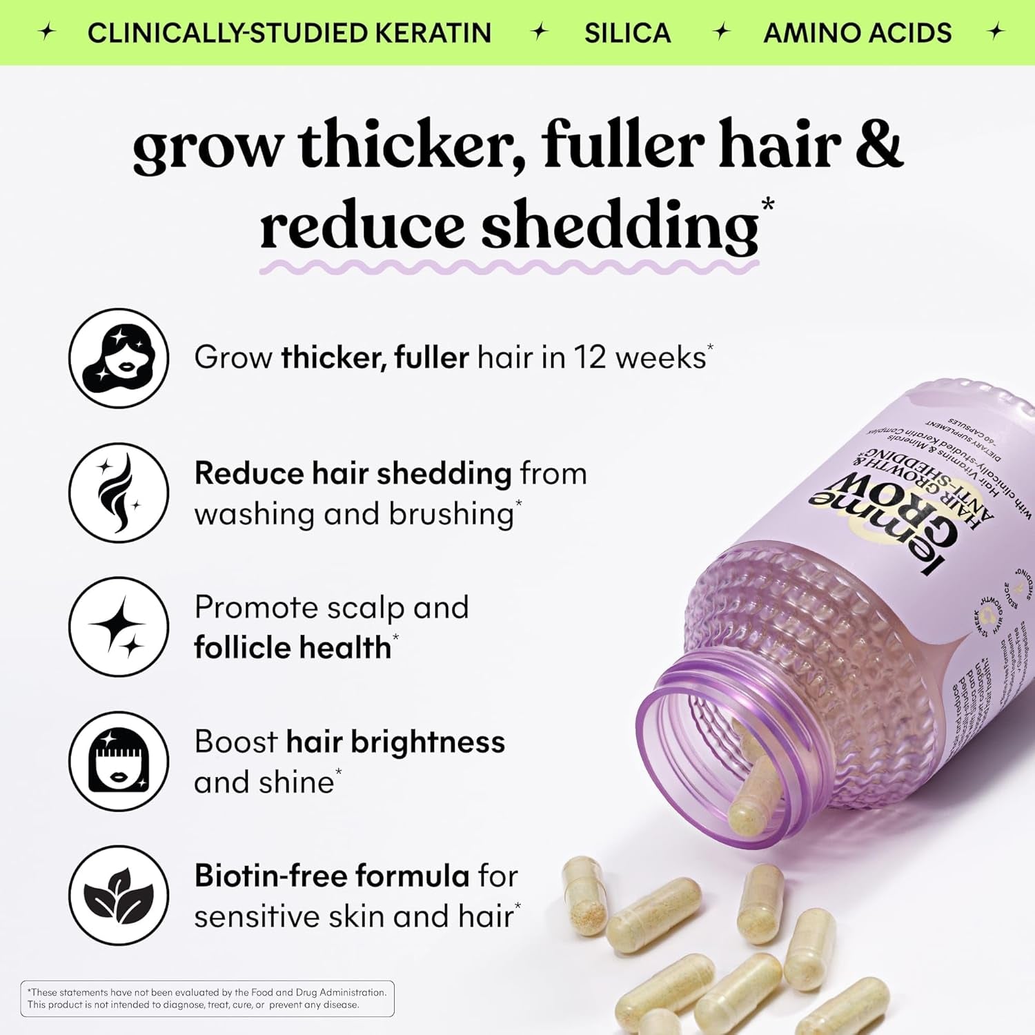 Grow Hair Growth Supplement for Women, Clinically Proven Keratin Complex for Visibly Thicker Hair and Scalp Coverage, Reduced Shedding, Nourish Thinning Hair - 1 Month Supply