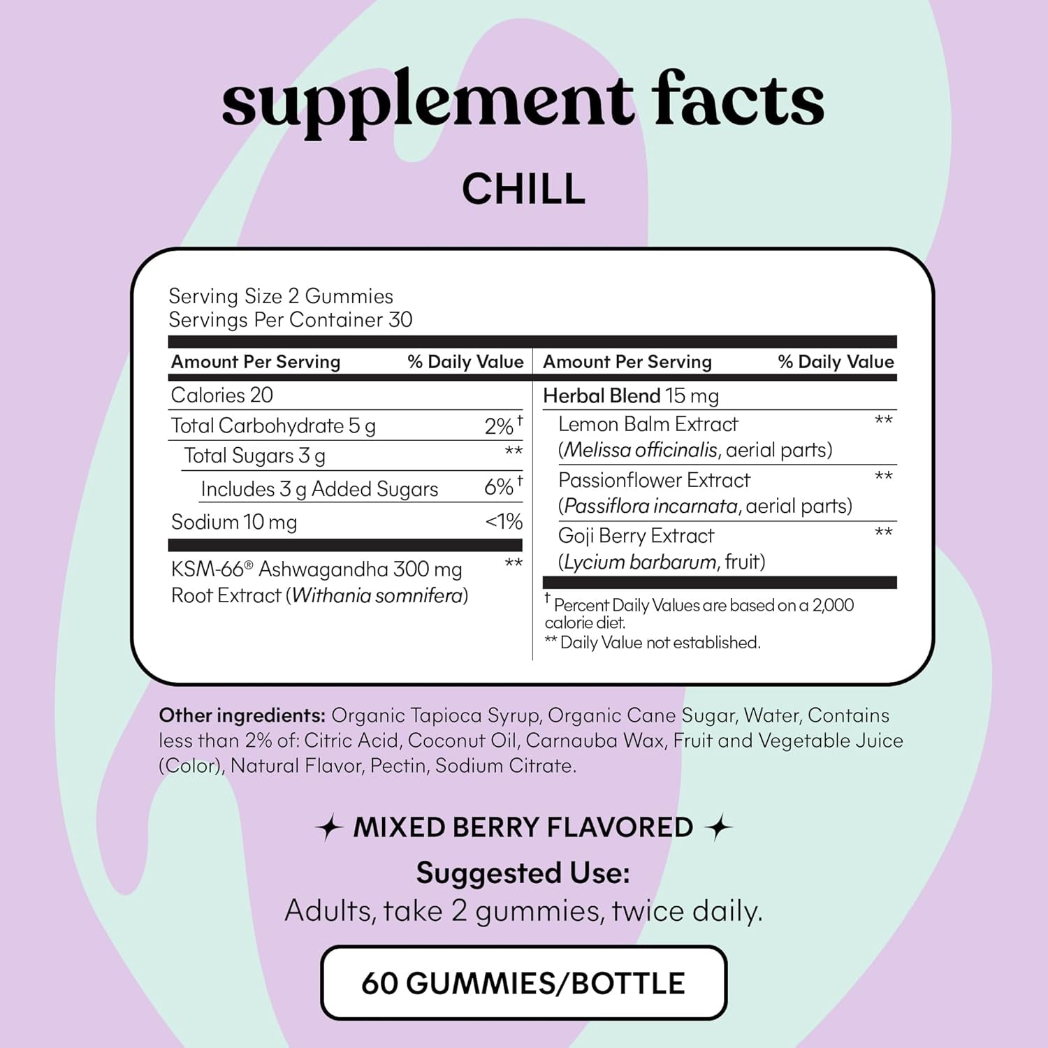 Chill Stress Relief Gummies with 300Mg KSM-66 Ashwagandha, Lemon Balm, Passionflower & Goji to Support Relaxation, Healthy Cortisol & Sleep - Gluten-Free, Non-Gmo, Mixed Berry (60 Count)