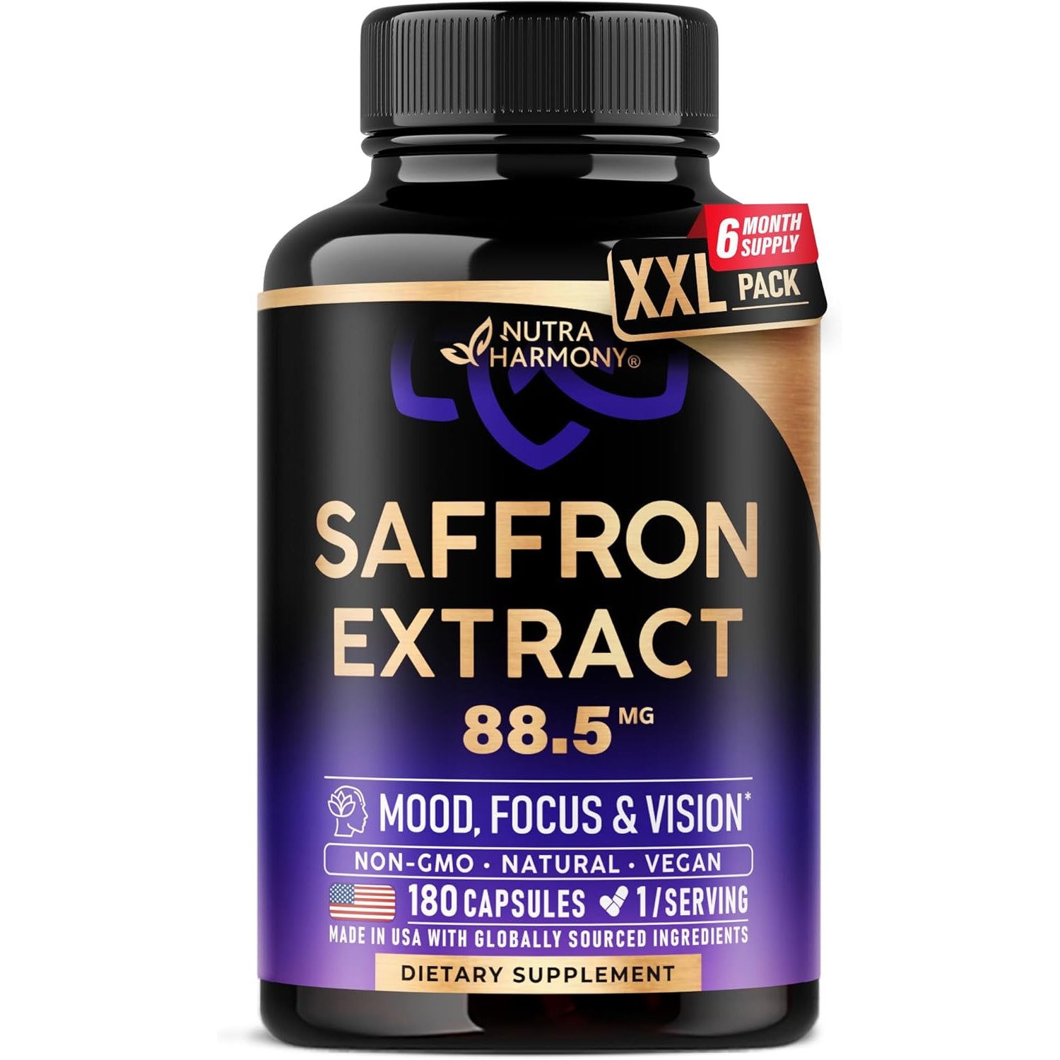 NutraHarmony Pure Saffron Extract 88.5mg – 180 Vegan Capsules | 6-Month Supply | Mood, Focus, Vision & Energy Support | Lab Tested