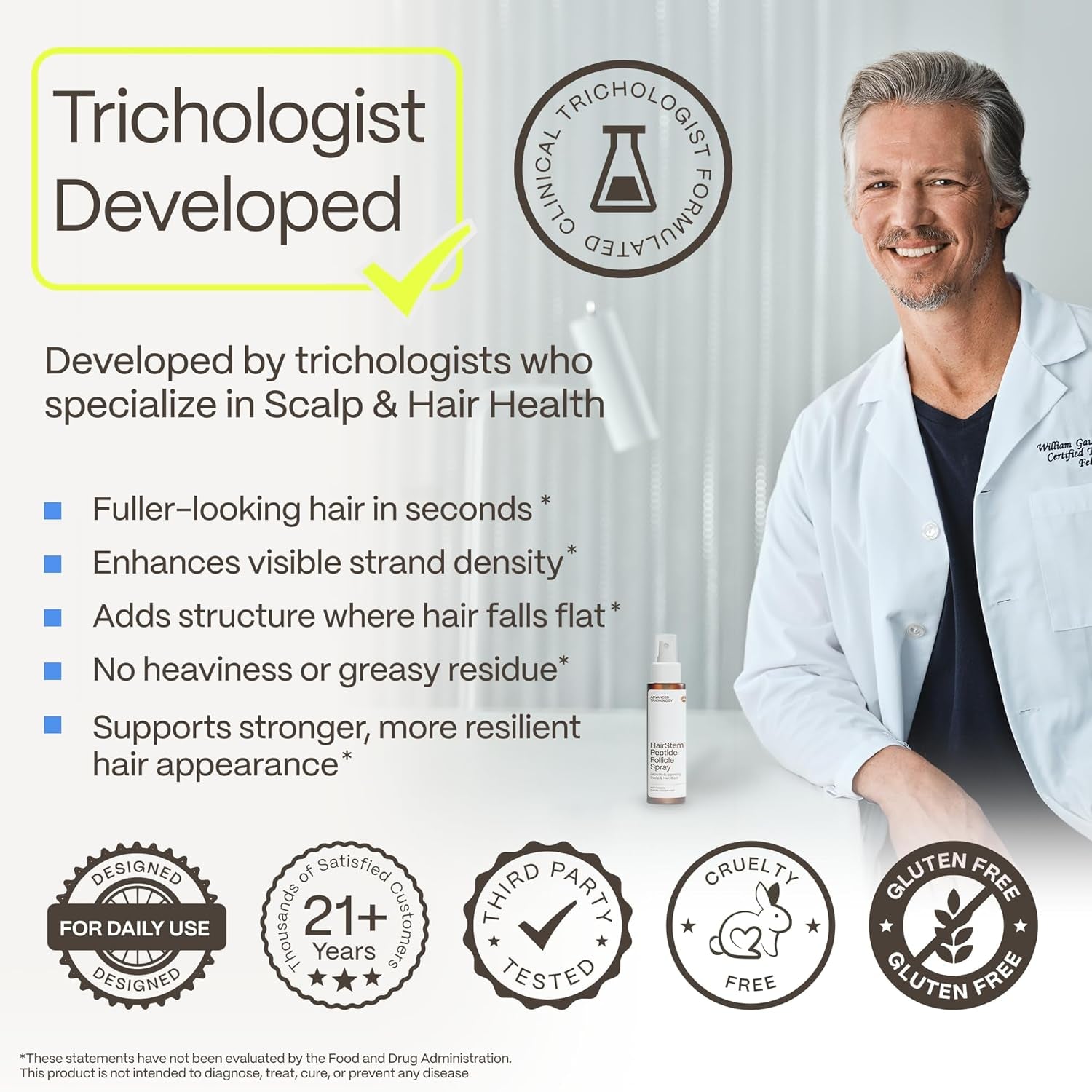 Advanced Trichology Hairstem™ Peptide Spray for Thicker, Fuller-Looking Hair | Leave-In Post-Shower Scalp Spray with Peptides, Rice Protein & Prebiotics | Lightweight, Non-Greasy Volumizing Hair Spray