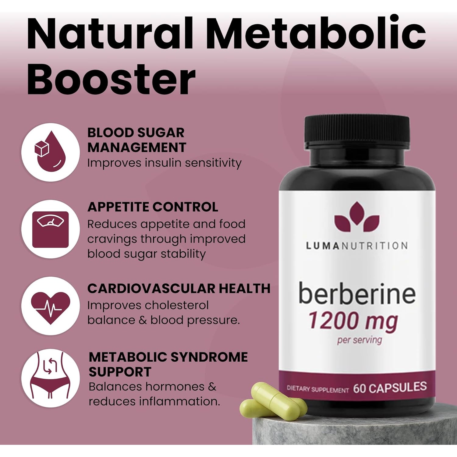 Luma Nutrition Berberine Supplement - Berberine HCL 1200Mg per Serving - 97% Berberine Hcl - Vegan, Gluten Free - 60 Capsules