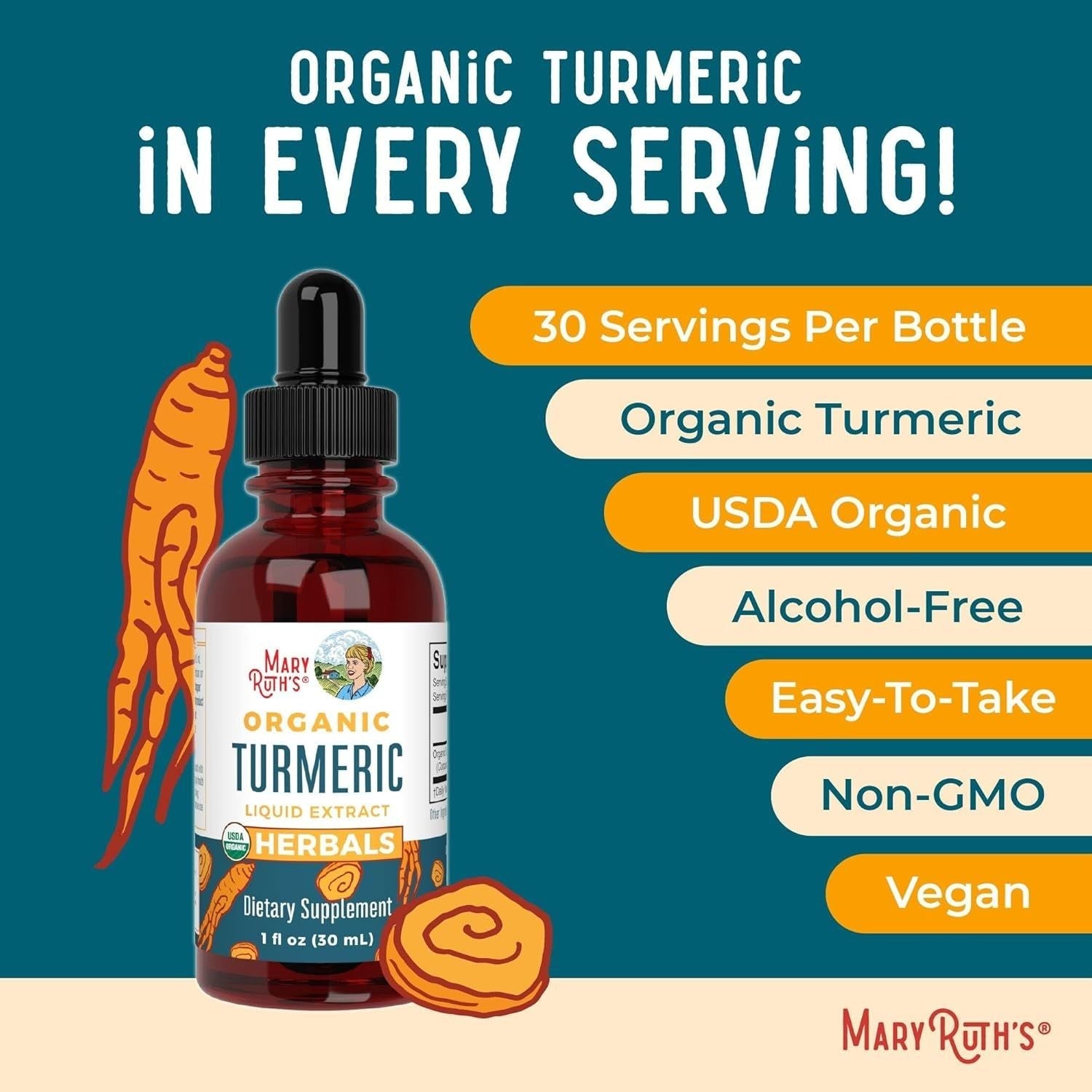 MaryRuth Organics Turmeric Liquid Extract – 30ml | Herbal Support for Immunity, Joints & Brain Health