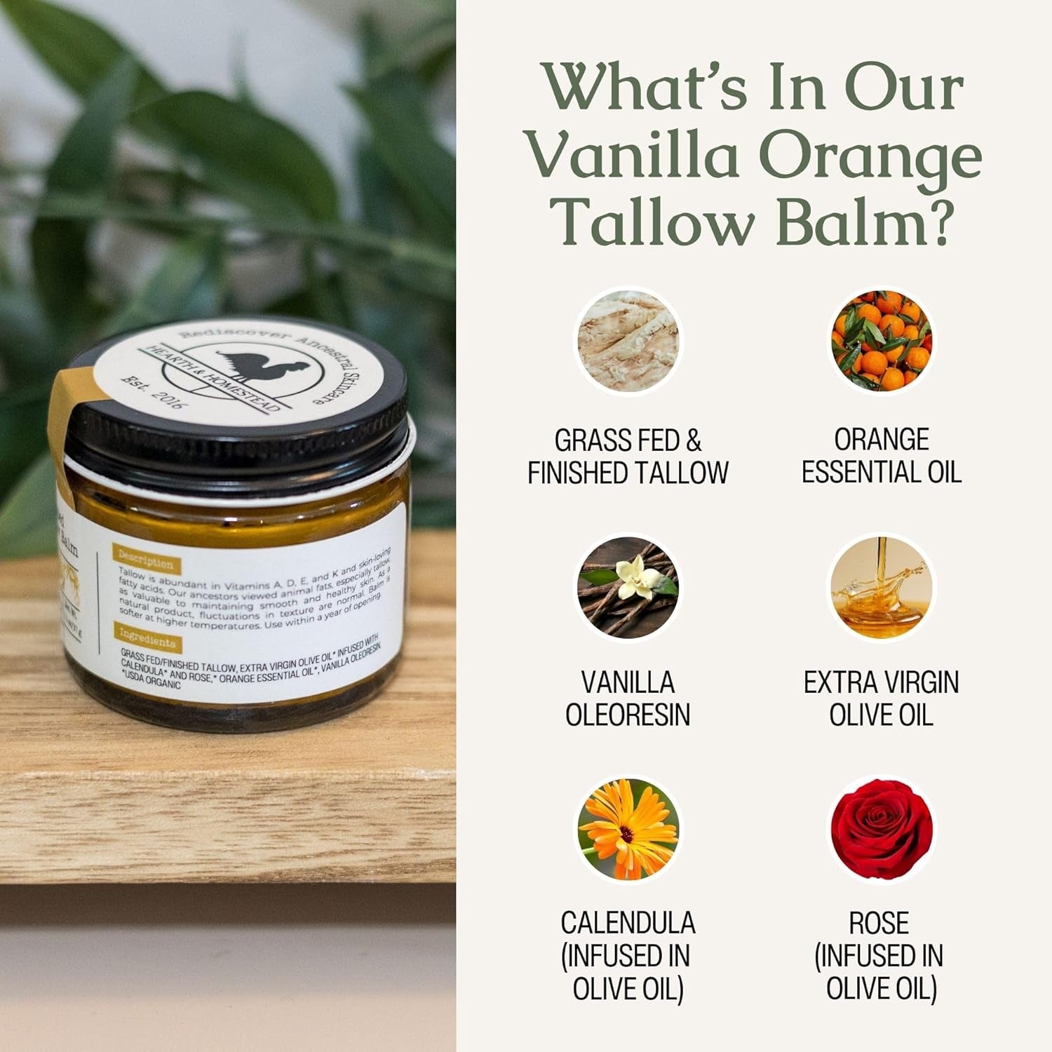 Hearth & Homestead Whipped Grass-Fed Beef Tallow Balm – 37g | Organic Olive Oil, Calendula & Rose | Vanilla Orange | Dry Skin, Face & Body Moisturiser