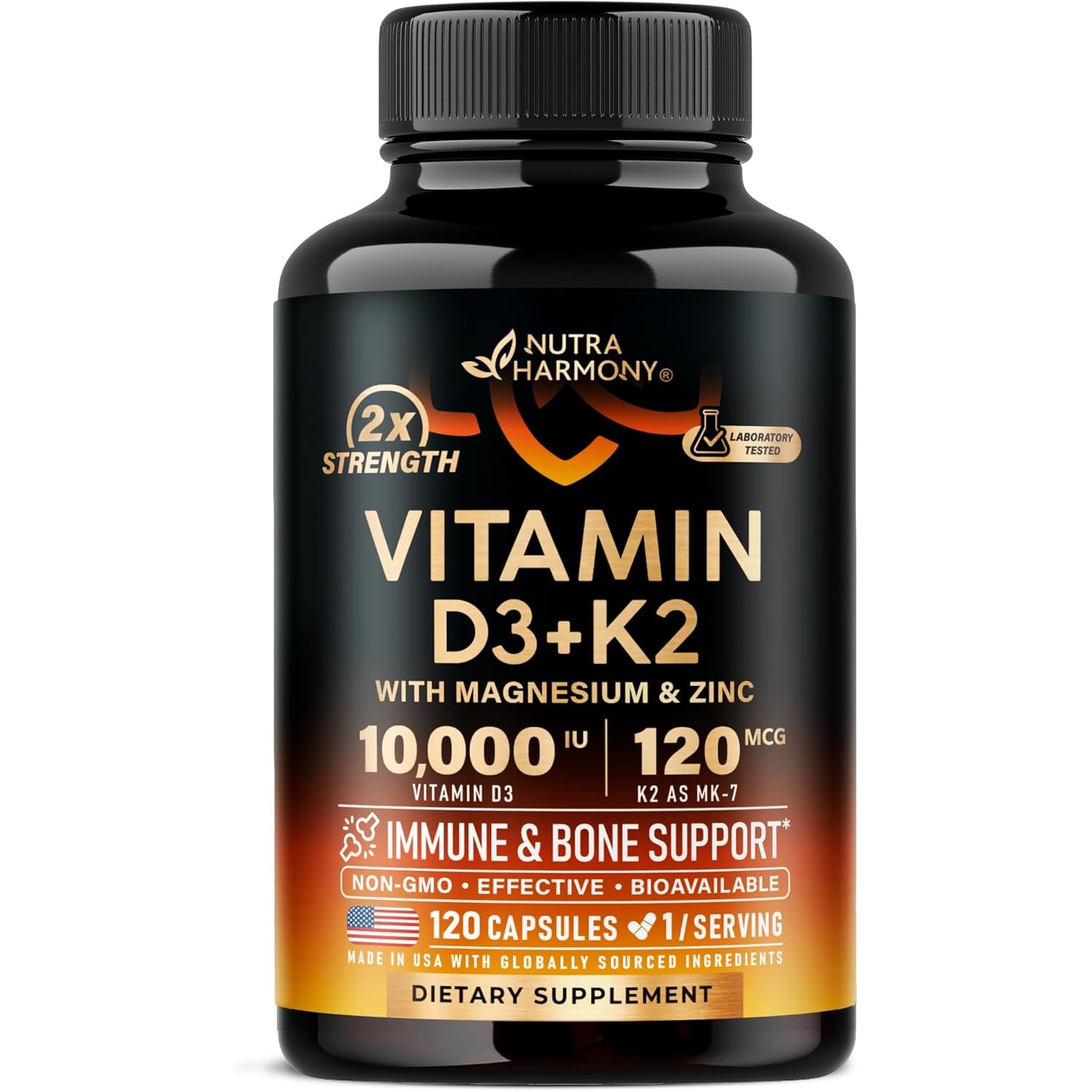 NUTRAHARMONY Vitamin D3, K2 & Magnesium Complex — 120 Capsules | Bioavailable Trio for Bones, Immunity & Heart Health