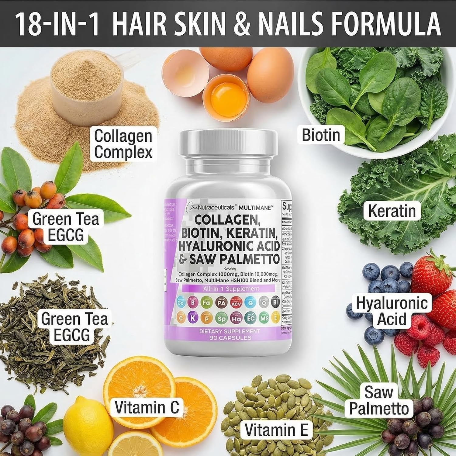 Clean Nutraceuticals Collagen Pills 1000Mg Biotin 10000Mcg Keratin Saw Palmetto Hyaluronic Acid - Hair Skin & Nails Vitamins & DHT Blocker with Vitamin E Folic Acid Pumpkin Seed MSM - 90 Count