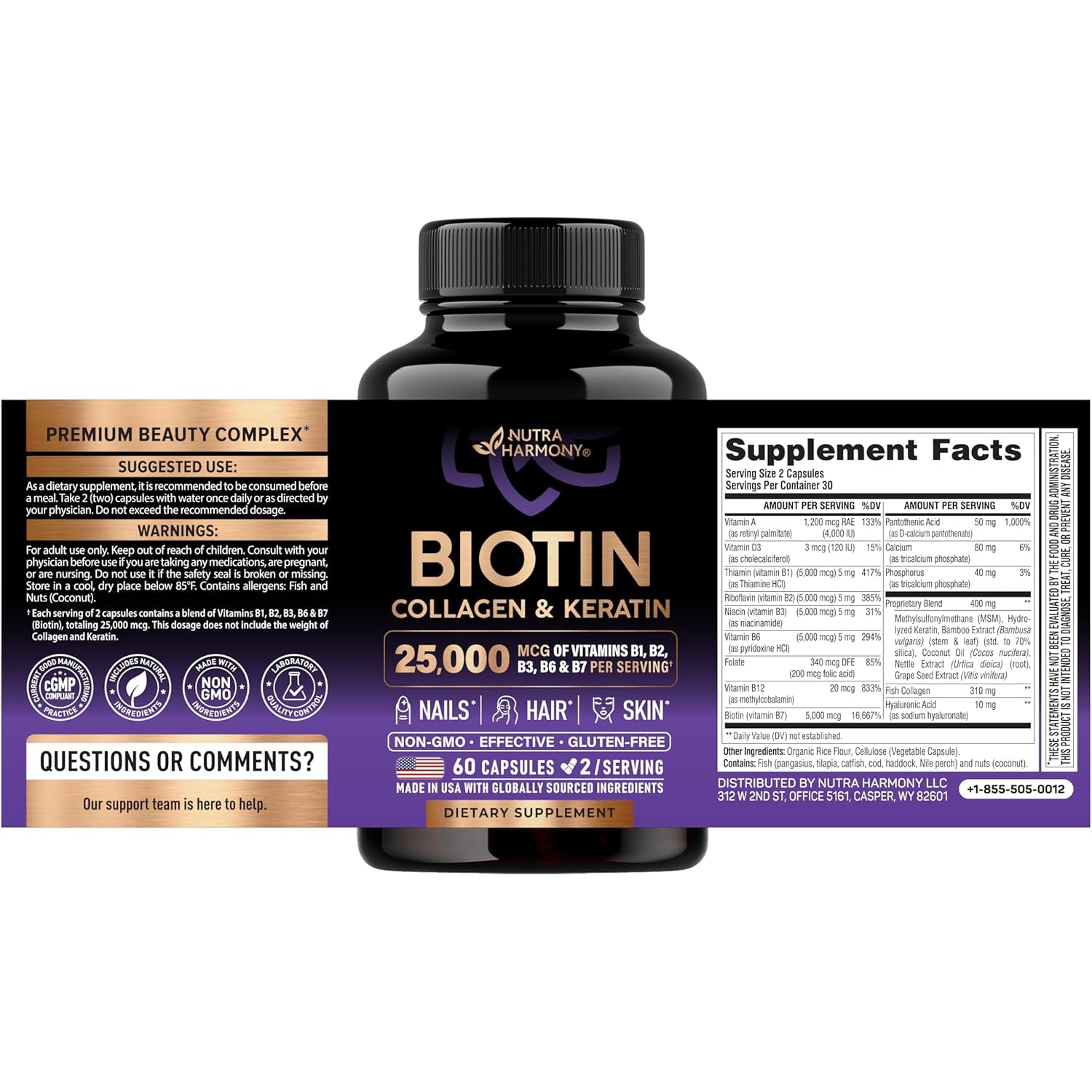 NUTRAHARMONY Biotin, Collagen & Hyaluronic Acid Gummies | Hair, Skin & Nail Support | Sugar-Free | 60 Count