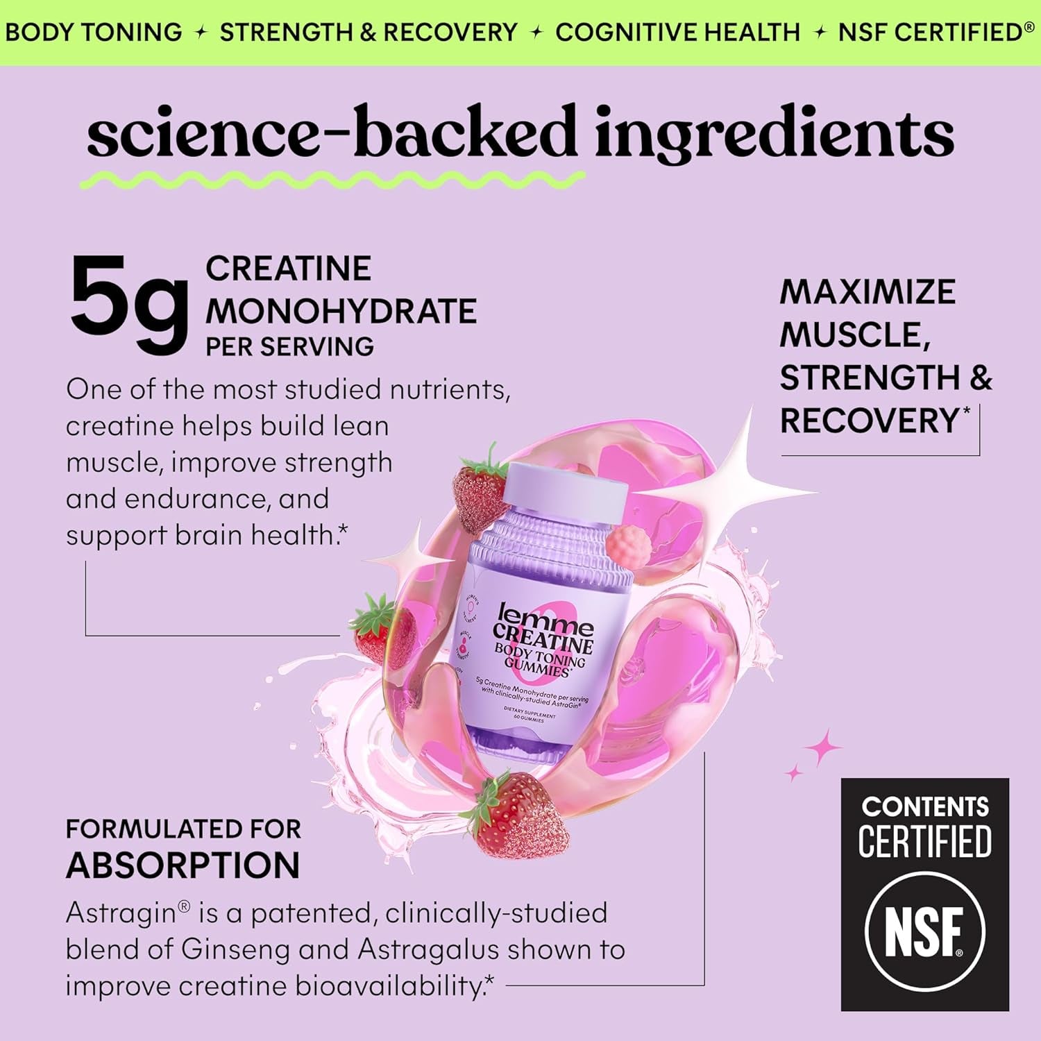 Creatine Monohydrate Gummies for Women and Men, 5G Dose to Support Lean Muscle, Strength, Recovery, Cognitive Health, W/Ginseng for Absorption, Sour Strawberry, NSF Certified, 60 Gummies
