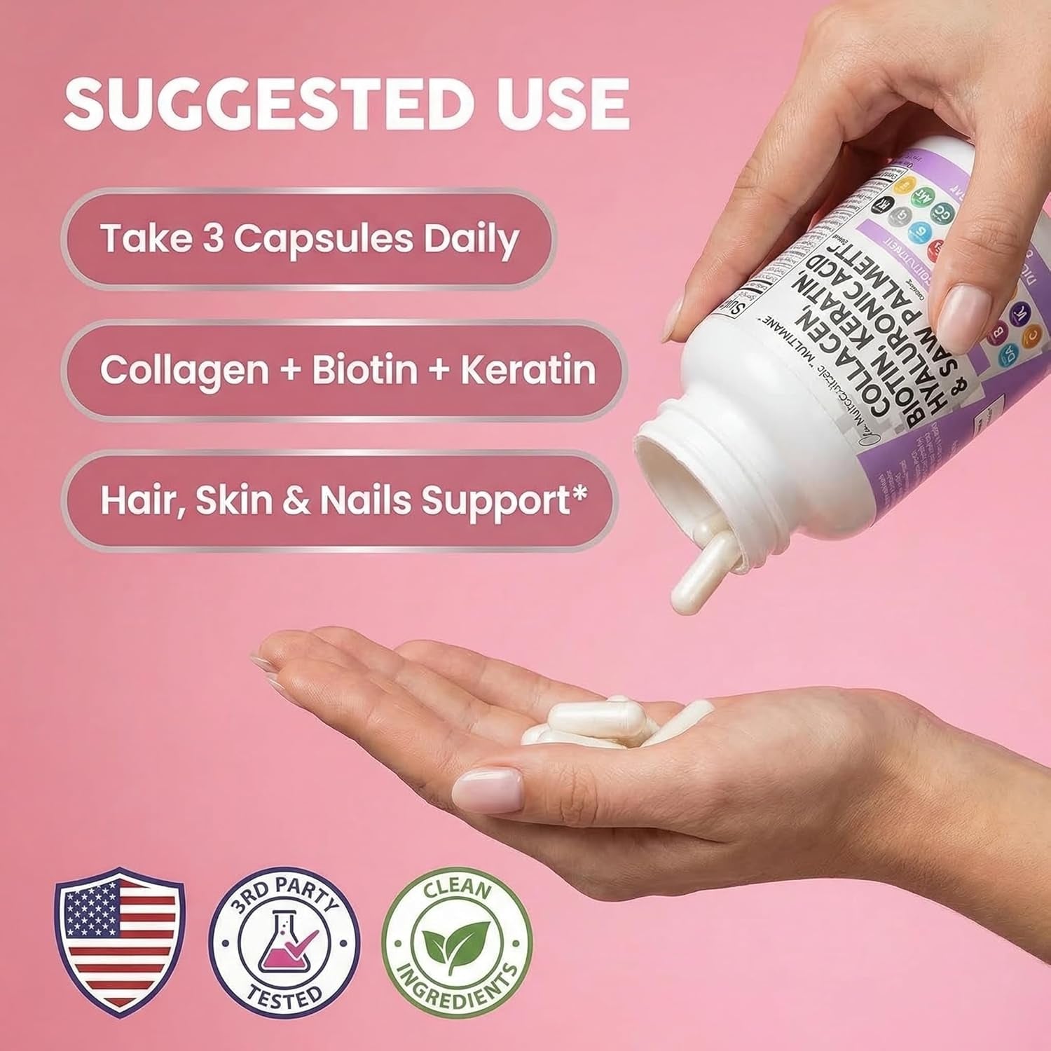 Clean Nutraceuticals Collagen Pills 1000Mg Biotin 10000Mcg Keratin Saw Palmetto Hyaluronic Acid - Hair Skin & Nails Vitamins & DHT Blocker with Vitamin E Folic Acid Pumpkin Seed MSM - 90 Count