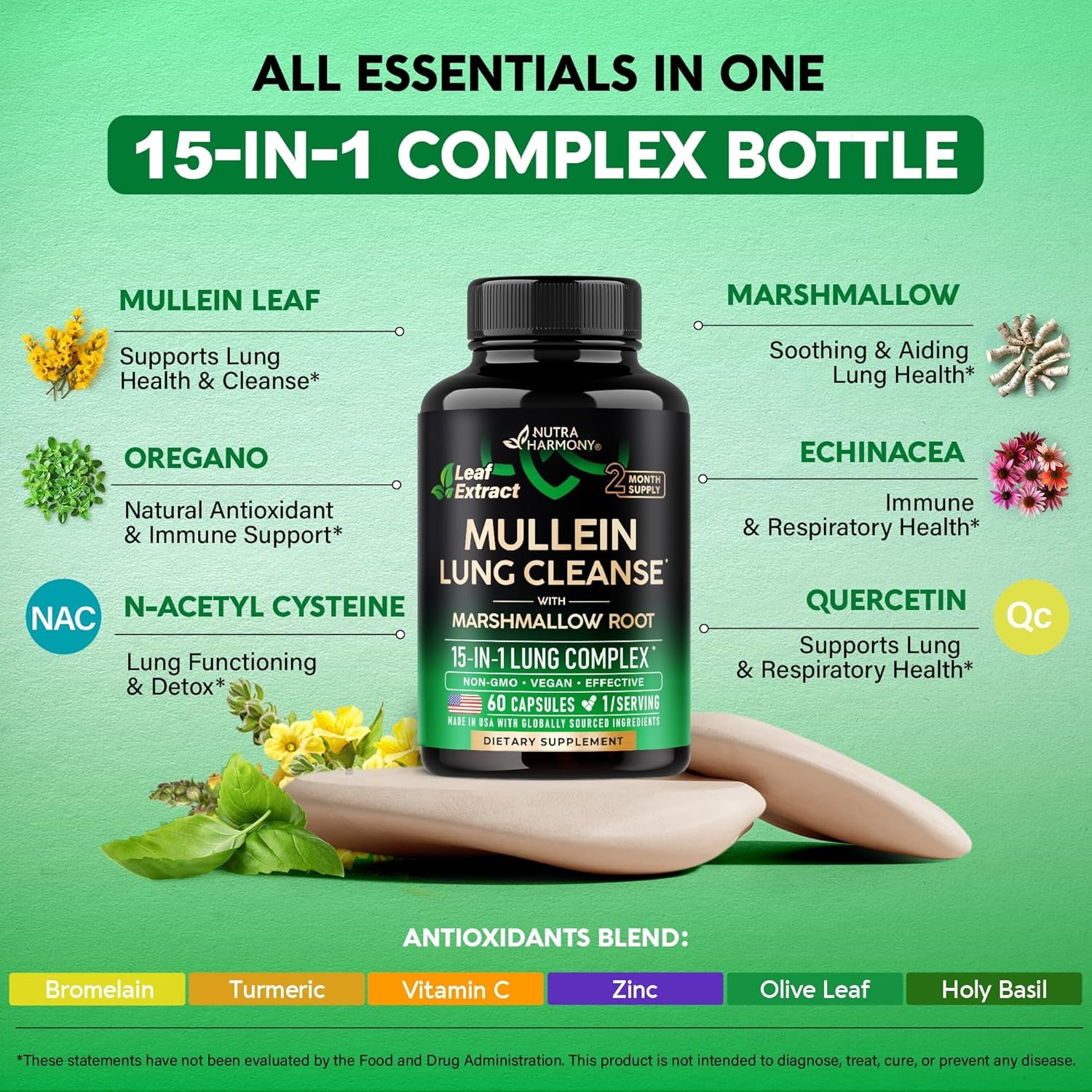 NUTRAHARMONY USDA Organic Mullein Leaf Drops - 60 capsules | Liquid Lung Support & Respiratory Health | Natural Herbal Extract