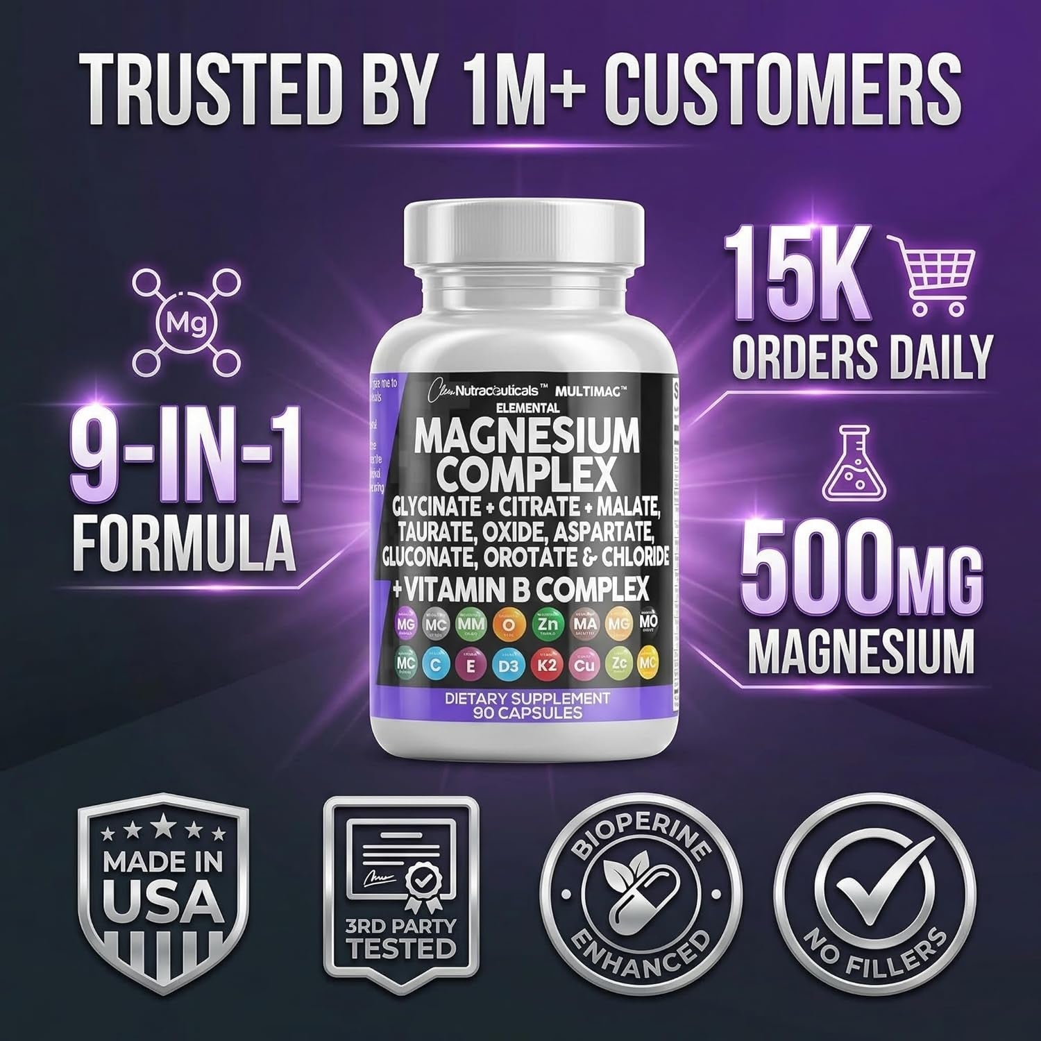 Clean Nutraceuticals 8-in-1 Magnesium Complex – 90 Capsules | Glycinate, Citrate, Malate & Orotate | Zinc, Copper, Manganese & Vitamins C, B1, B2, B6 & B12