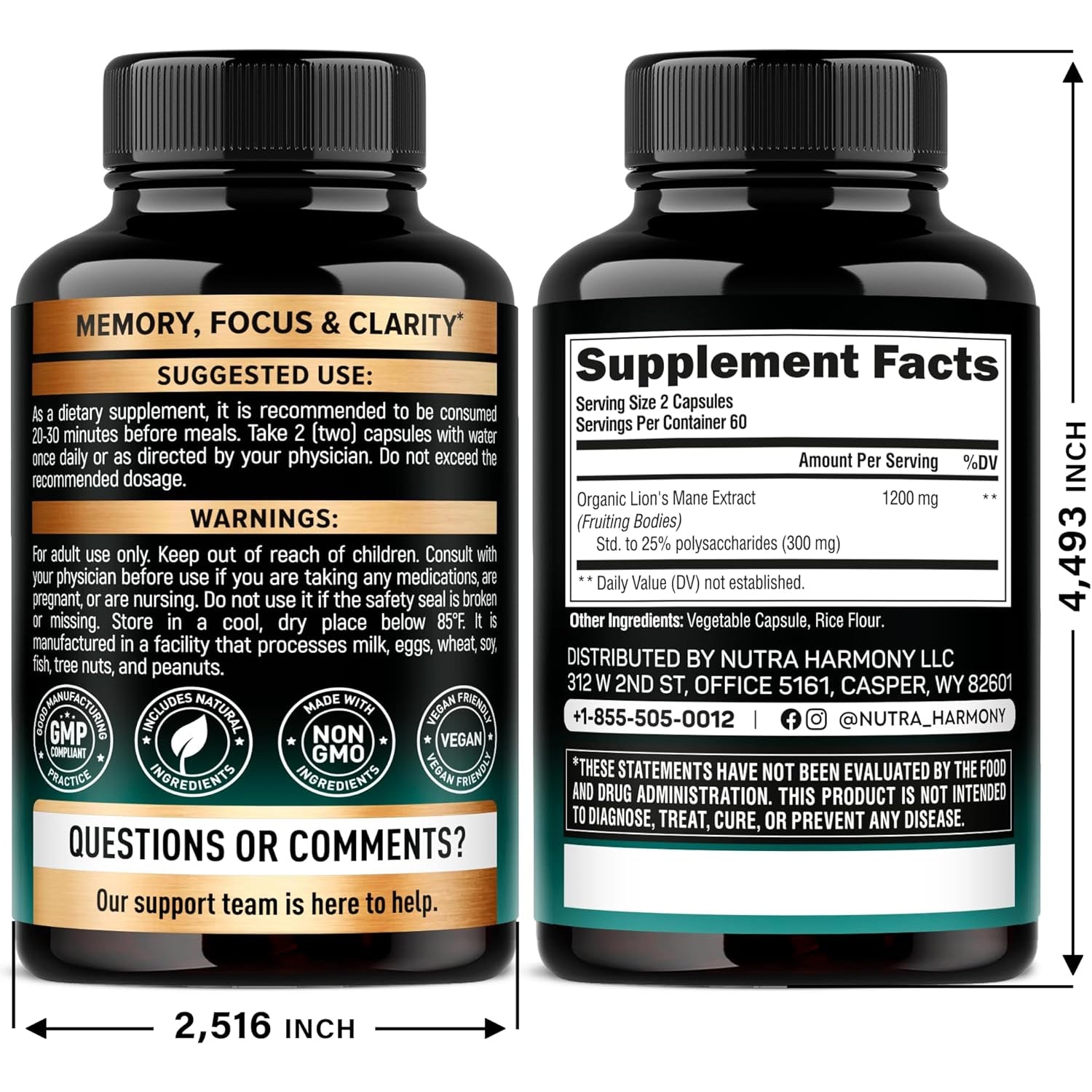 NUTRAHARMONY Lion's Mane Mushroom Supplement — 120 Capsules | High-Strength Polysaccharides | Brain, Focus & Cognitive Support