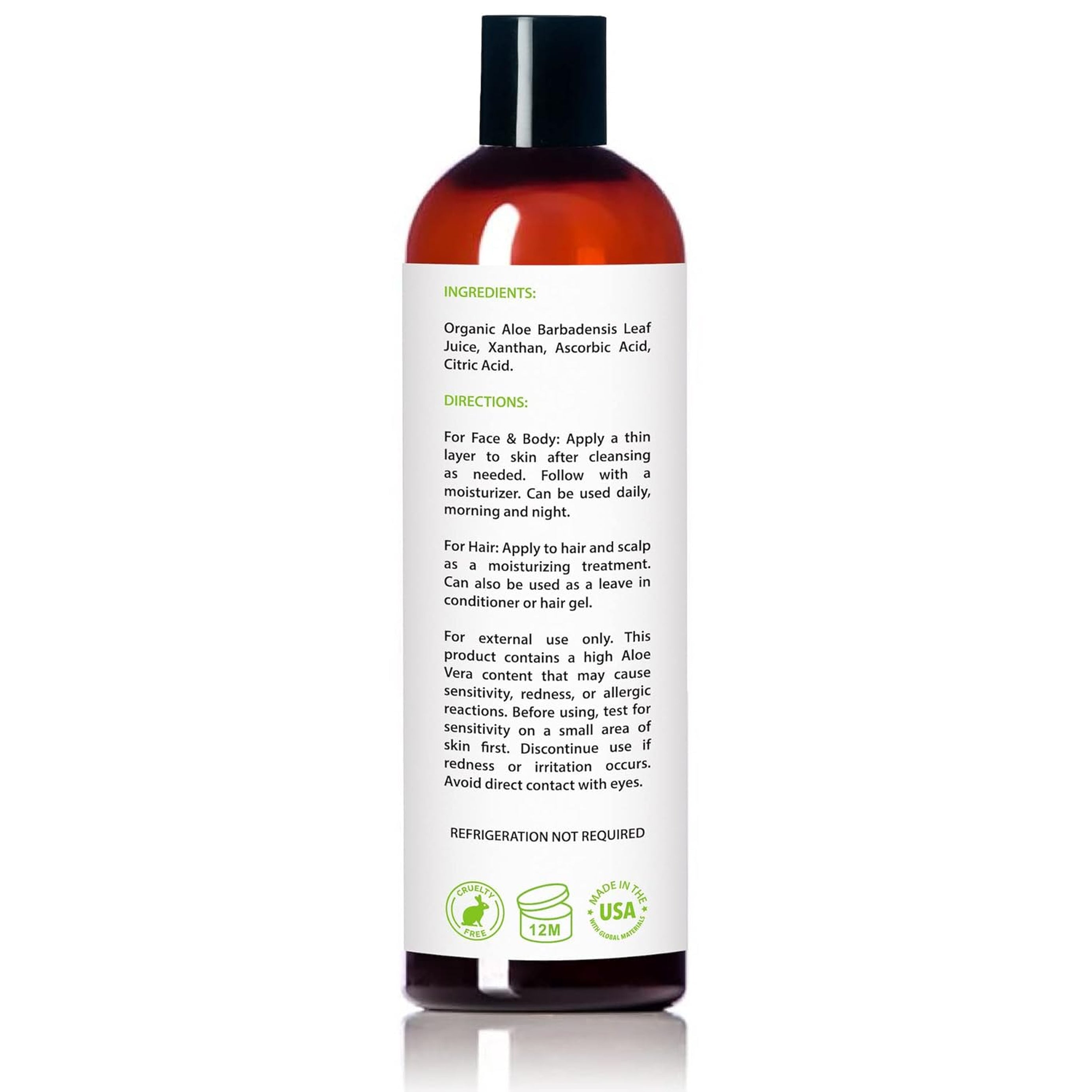 Organic Aloe Vera Gel for Skin, Face, Body, after Sun Care - USDA Certified Organic, 12 Fl. Oz.