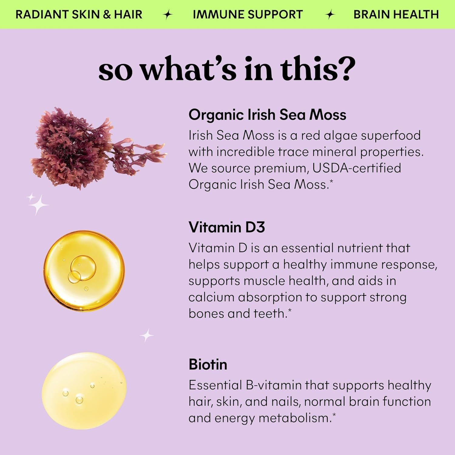 Irish Sea Moss Organic Liquid Drops with Vitamin D3 and Biotin for Trace Mineral Support, Immunity, Hair, Skin & Nails, Brain Health - Gluten & Sugar Free, Non GMO, 1 Oz, 30 Servings
