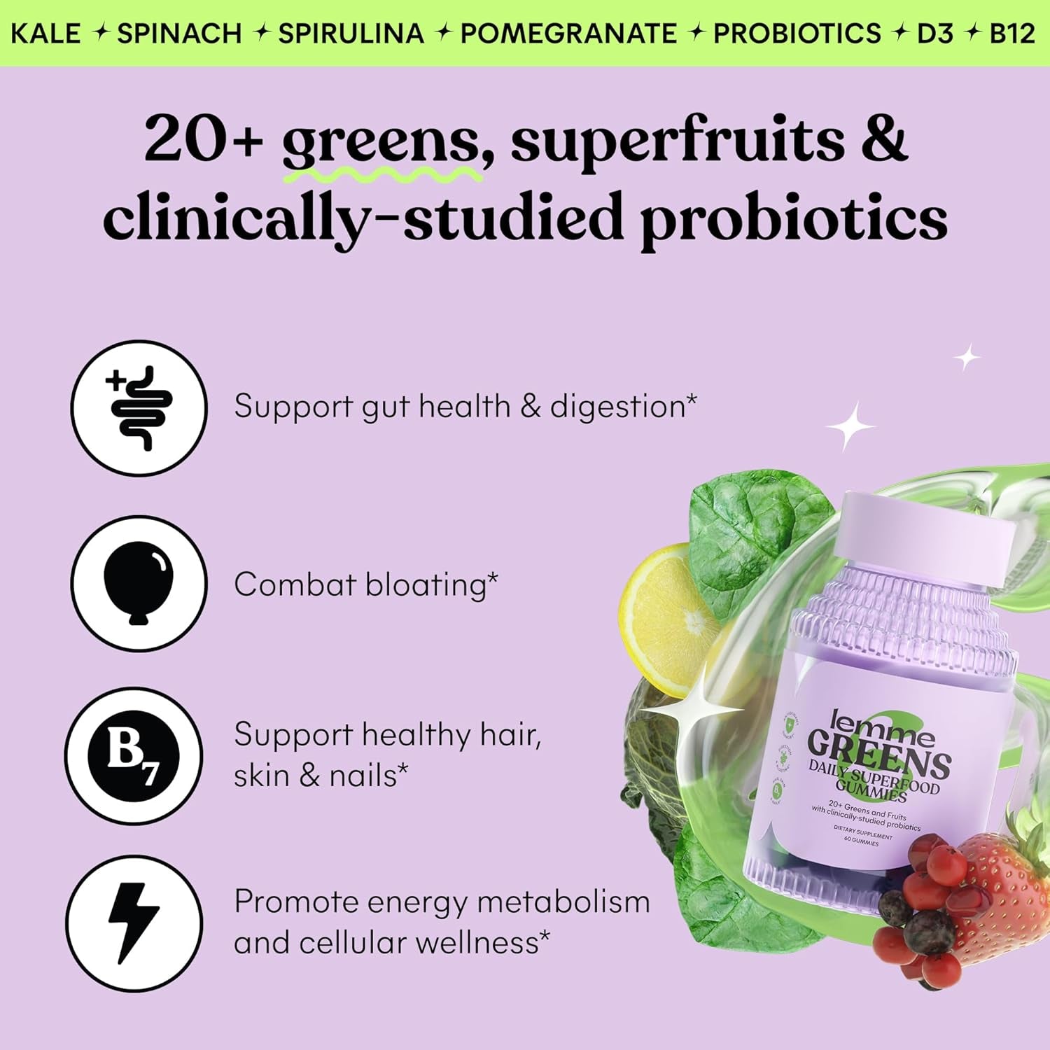 Greens Superfood Gummies W/Multi - Support Gut Health & Reduce Bloating, 20+ Organic Greens and Superfruits, Clinically Studied Probiotics, D3, B12 - Berries & Greens Flavored (60 Count)
