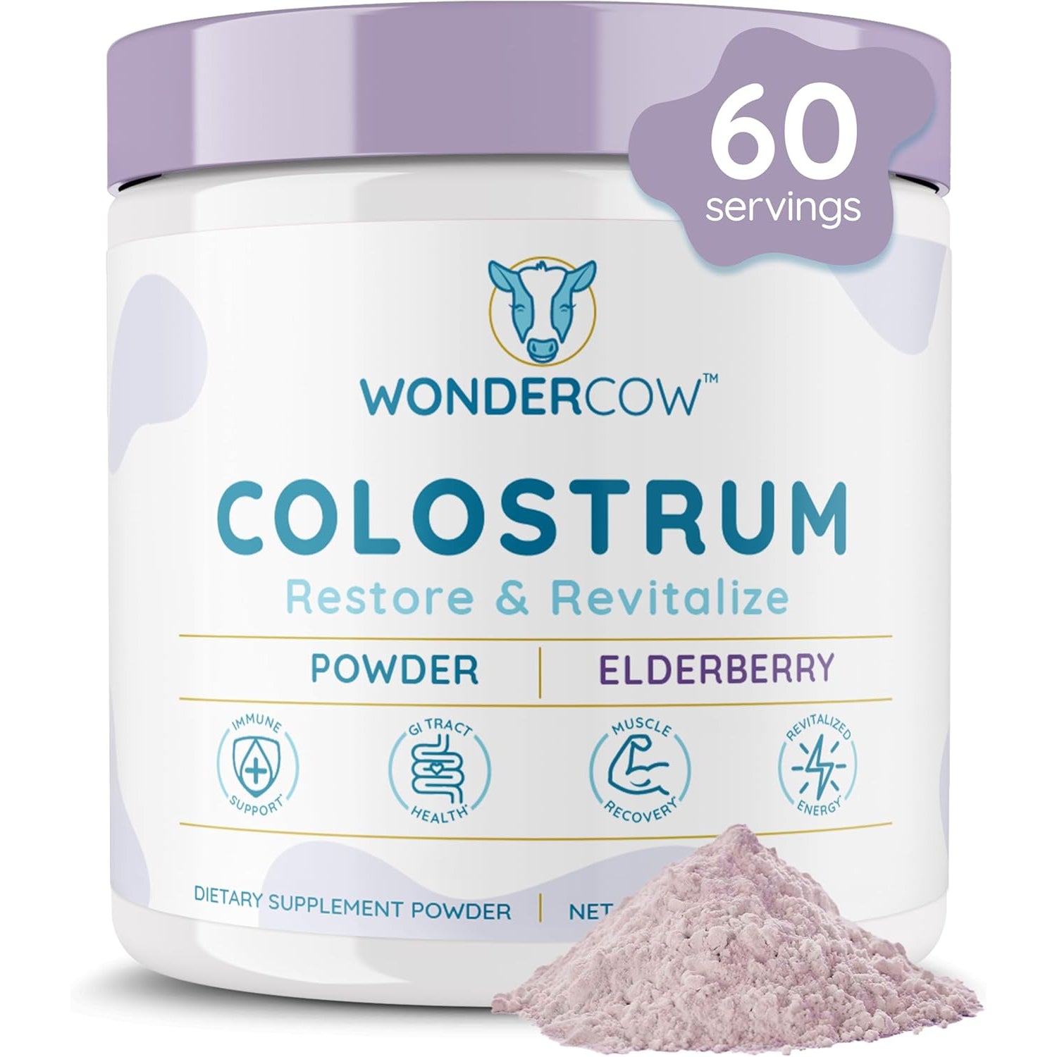 WONDERCOW Colostrum Supplement Powder for Gut Health, Immune Support & Wellness | Natural Igg Pure Whole Bovine Colostrum Superfood, Elderberry, 60 Servings