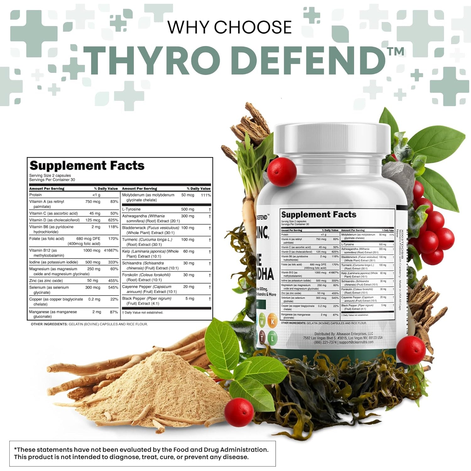 Clean Nutra Thyroid Support Complex – 60 Capsules | Selenium 300mcg, Iodine 500mcg & L-Tyrosine 500mg | Ashwagandha, Kelp, Bladderwrack, Turmeric & Zinc