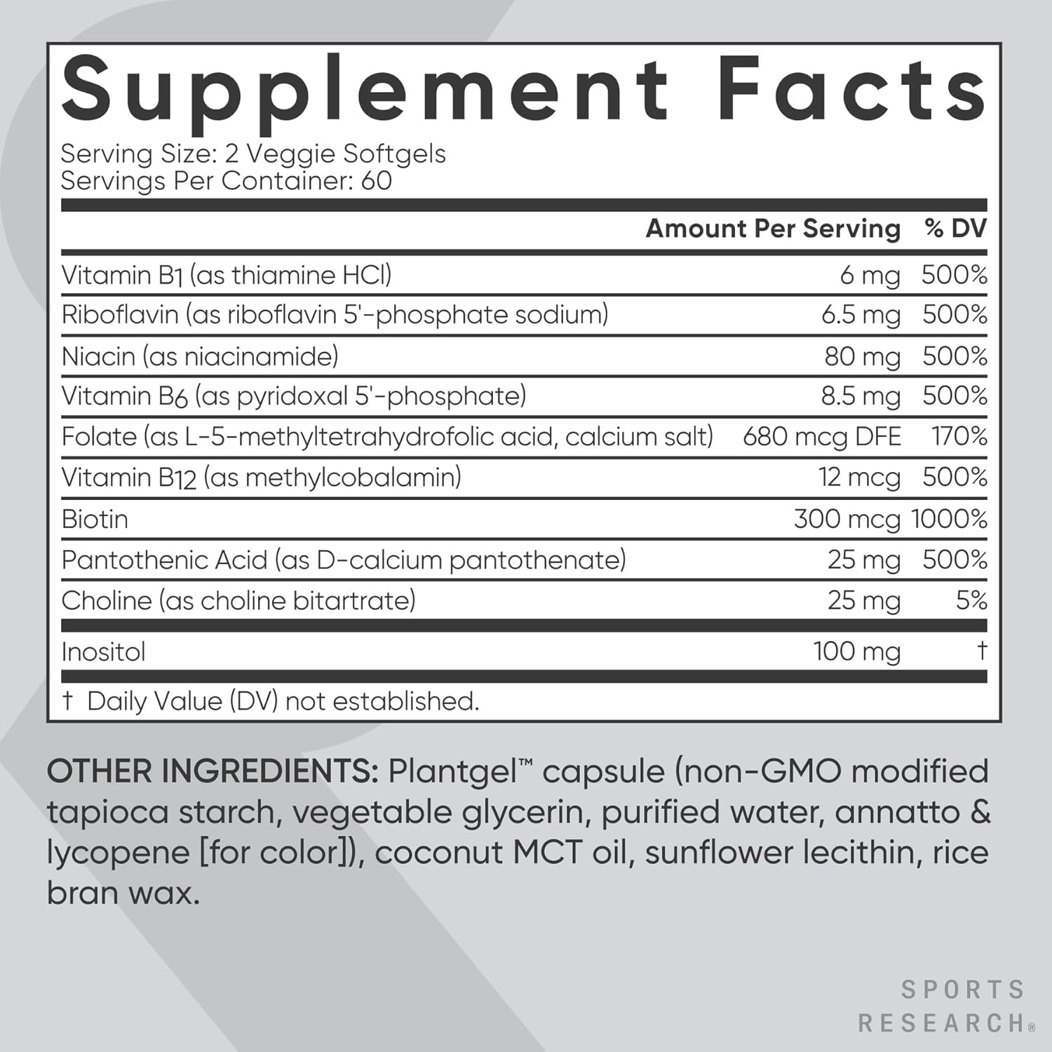 Sports Research® Vitamin B-Complex - Full Spectrum of B Vitamins with Methylated B12 & Folate - Gluten Free · Plant-Based · Non-Gmo · Vegan-Friendly Formula - 120 Veggie Softgels