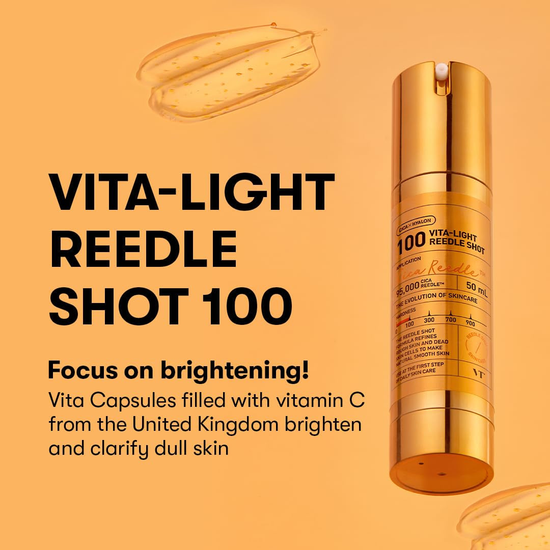 Vita-Light Reedle Shot 100 Serum with Vitamin C Capsules & Vitamin E Microneedling Formula, Korean Skin Booster, 1.69 Fl Oz(50Ml)