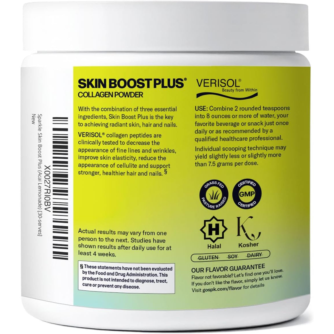 Sparkle Wellness VERISOL Bioactive Hydrolyzed Collagen Peptides | Collagen Powder with Vitamin C & Hyaluronic Acid for Hair, Skin, and Nail Health | Skin Boost plus (Acai Lemonade) [30-Serves]