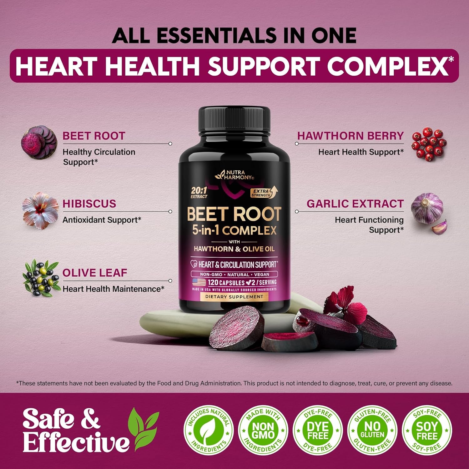 NUTRAHARMONY Beetroot Capsules - 120 Count | Nitric Oxide & Circulation Support | High-Strength Beet Root Extract | Vegan