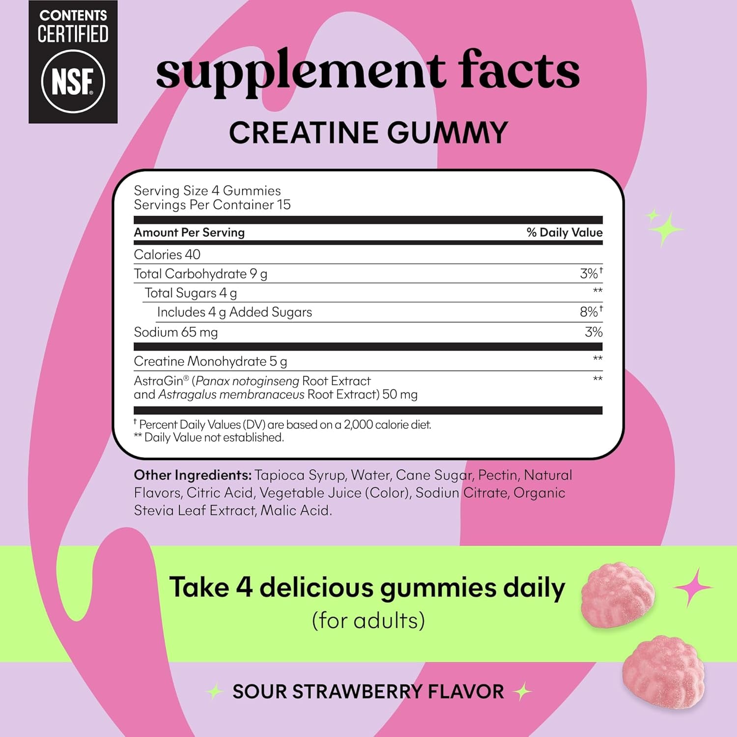 Creatine Monohydrate Gummies for Women and Men, 5G Dose to Support Lean Muscle, Strength, Recovery, Cognitive Health, W/Ginseng for Absorption, Sour Strawberry, NSF Certified, 60 Gummies