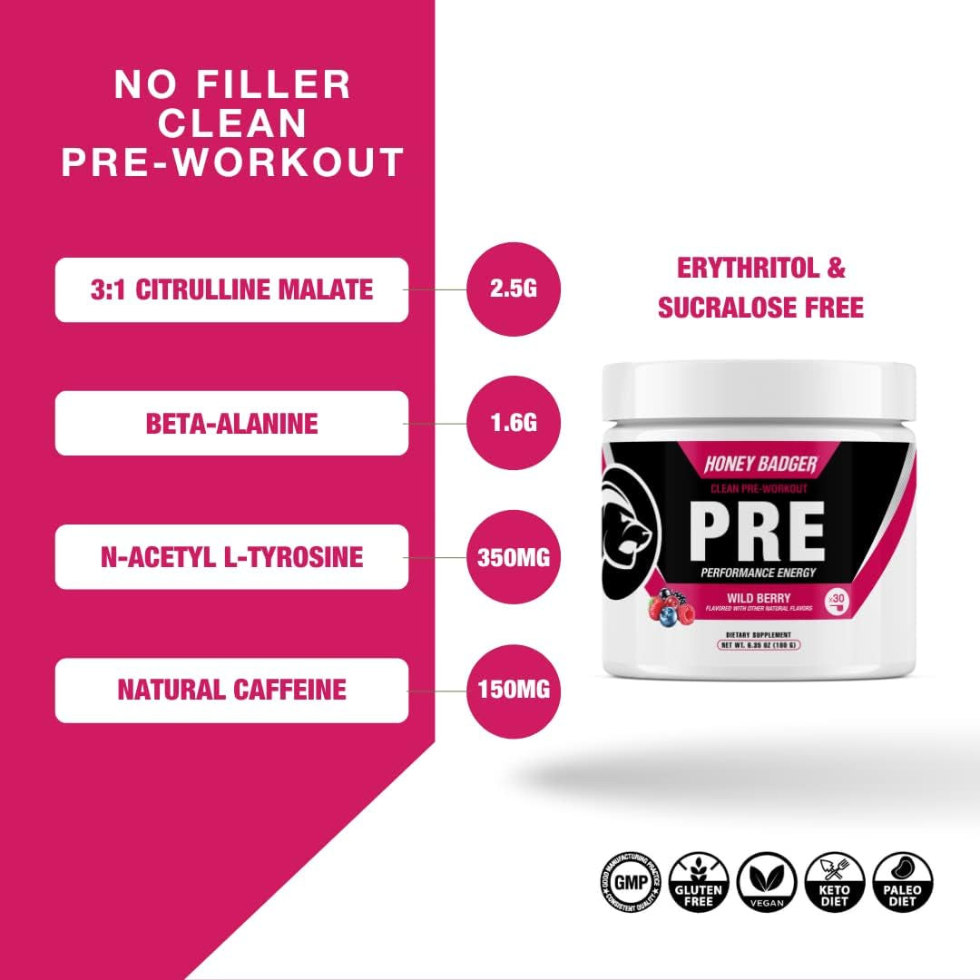 Honey Badger Clean Pre-Workout (Wild Berry Flavor) – 180g | Zero Sugar, Natural Energy & Endurance Boost