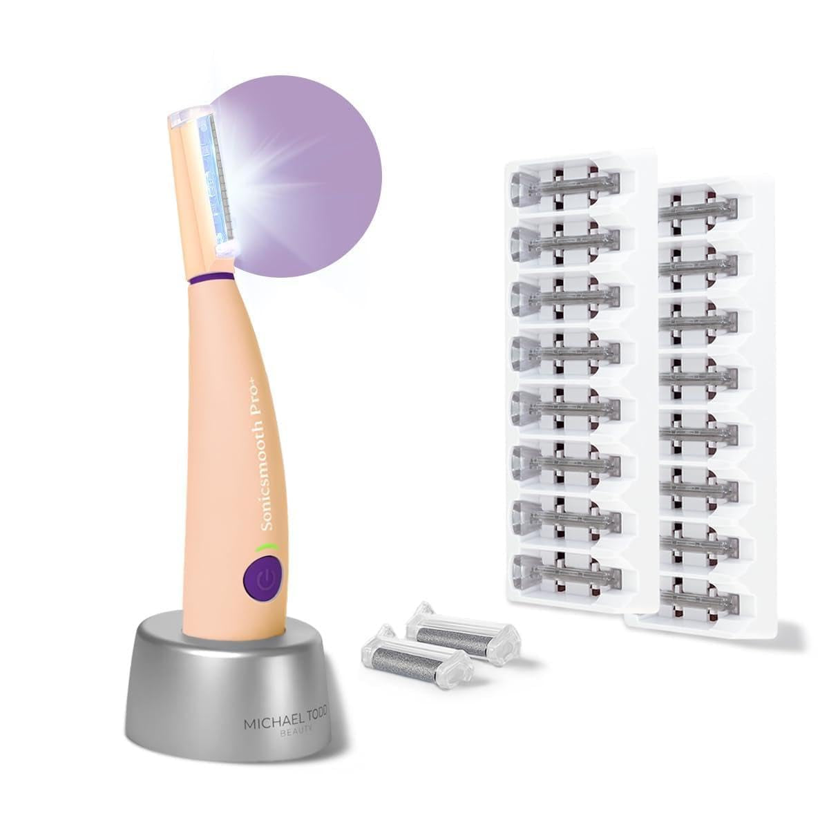 Michael Todd Beauty Sonicsmooth Pro+ Dermaplane Razor for Women Face + Eyebrow Trimmer Dermaplaning System W/Led Light Peach Fuzz Remover -16 Dermaplaning Blades & 2 Microsmooth Exfoliation Tips