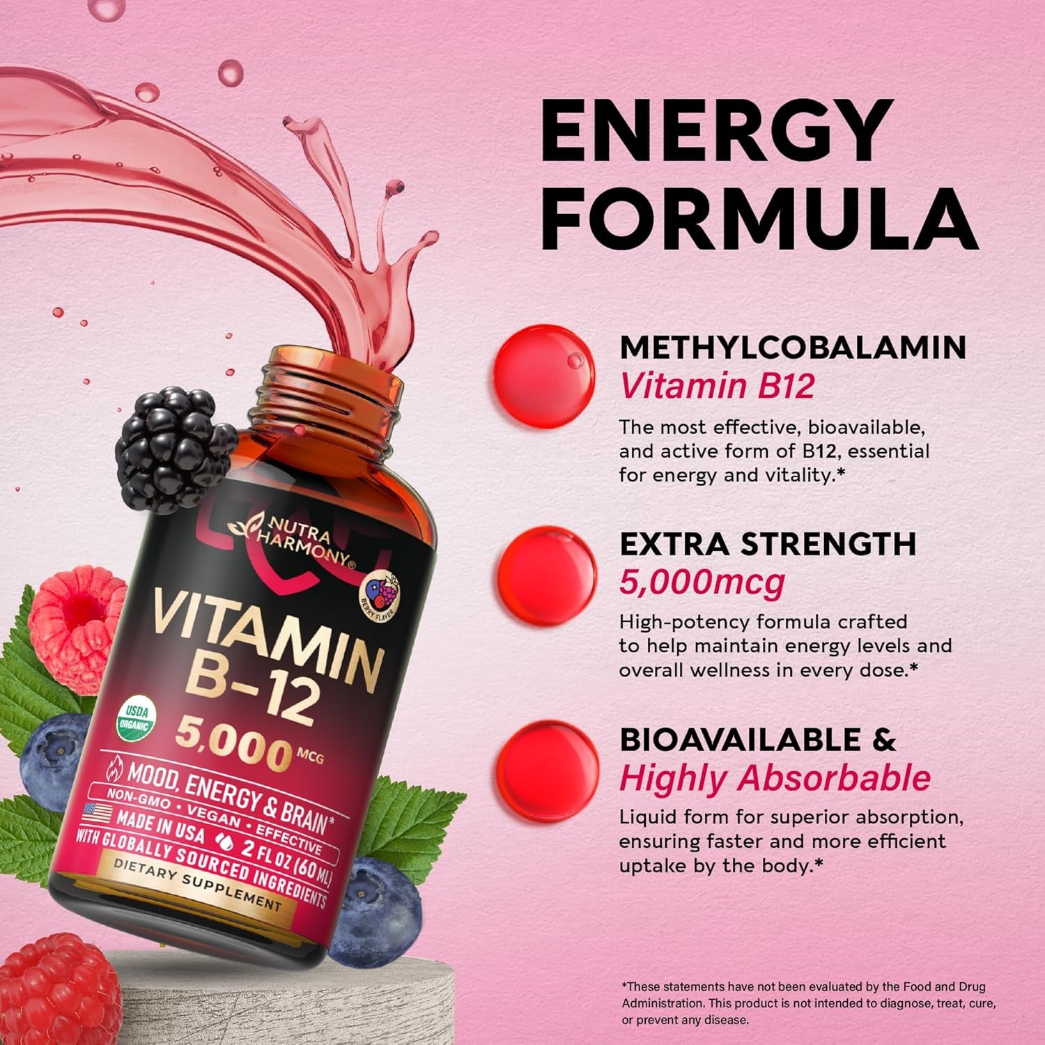 NUTRAHARMONY USDA Organic Vitamin B12 Sublingual Drops — 59ml | 5,000mcg Liquid Methylcobalamin | Energy, Focus, Mood & Brain Health | Vegan | 2 Month Supply