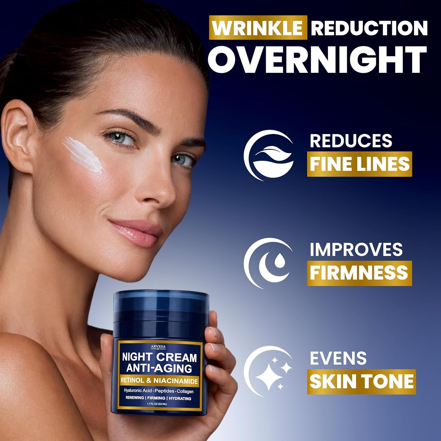 Night Cream for Women anti Aging - Night Moisturizer for Face with Retinol, Peptides, Niacinamide - Anti-Wrinkle, Firming & Hydrating Skin Care - Fragrance-Free, Non Greasy Overnight Face Cream