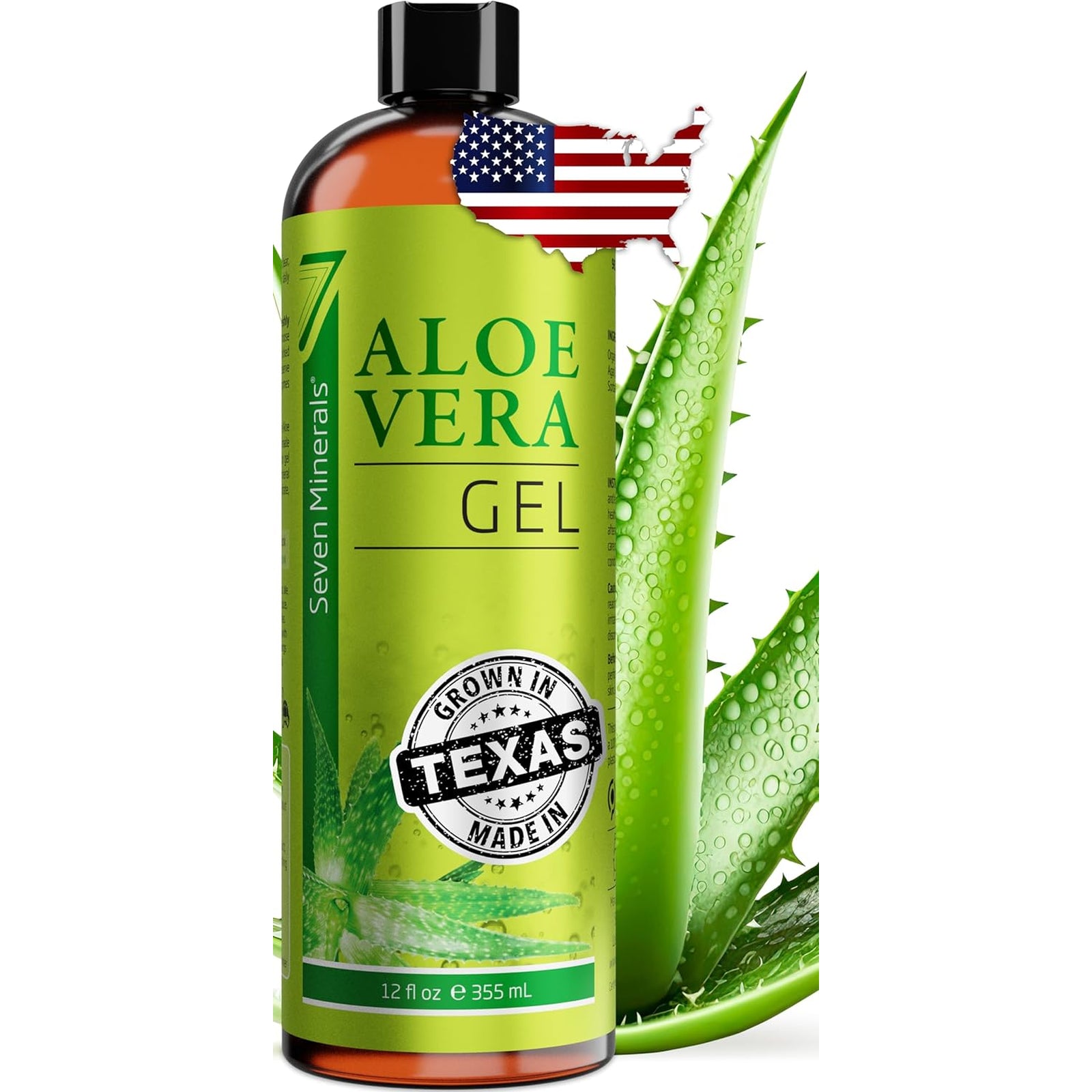 Seven Minerals Aloe Vera Gel with Freshly Cut Pure Organic Aloe - Big 12Oz - Texas Grown, Highestquality, Vegan, Unscented, Non-Sticky - after Sun, Sunburn Relief, Skin & Face Moisturizer, Hair Mask