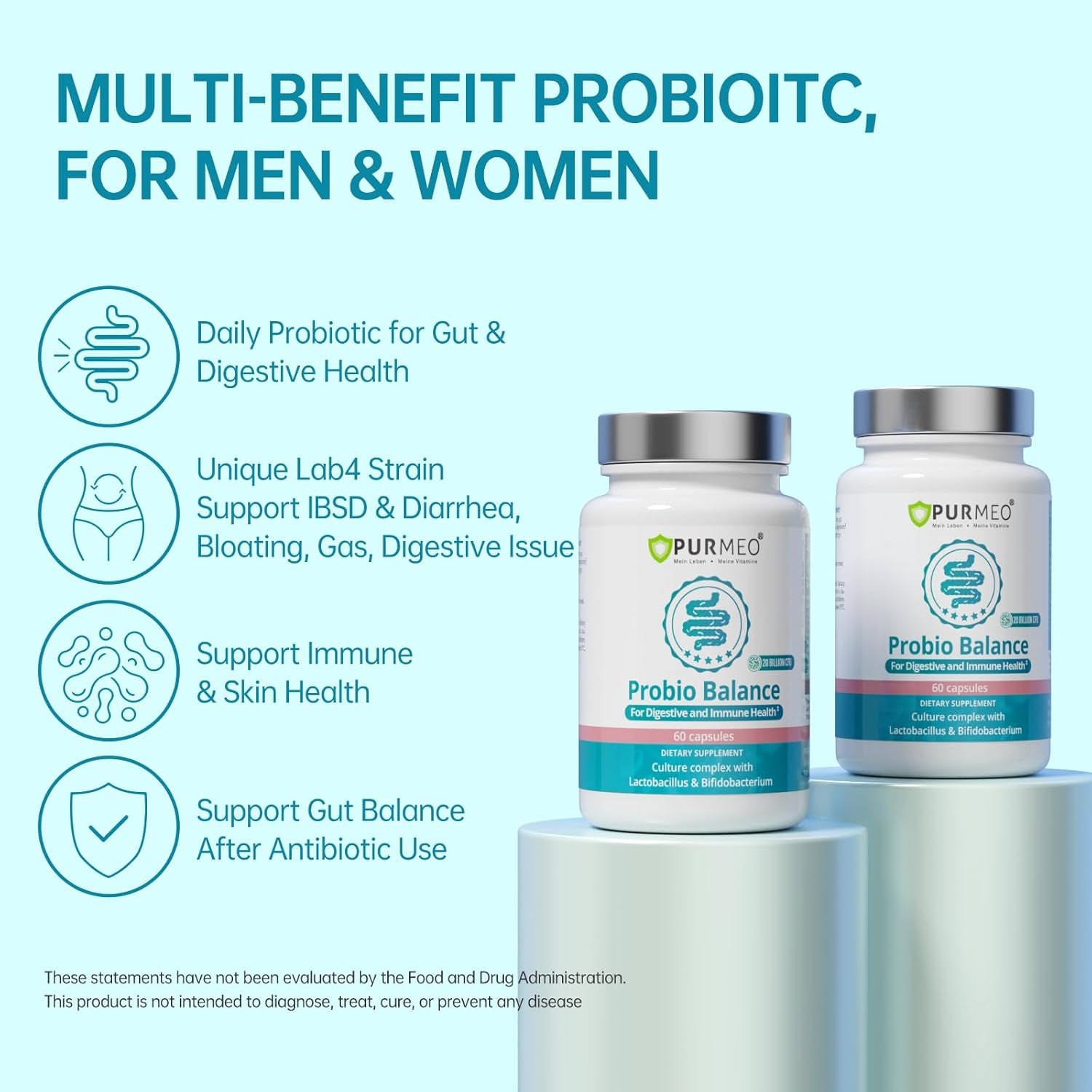 Purmeo 60 Days Supply Probiotics for IBS-D, Stop IBS anti Diarrhea, Gas, Bloating - Support Immune, Digestive & Gut Health - Clinical Proven Lab4 Probiotic 20 Billion CFU, Shelf Stable, Vegan