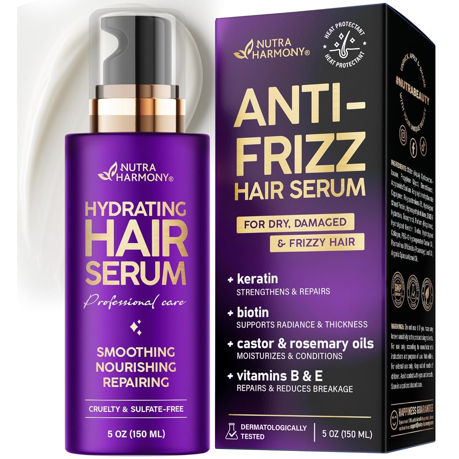 NUTRAHARMONY Hydrating Hair Serum -150ml | Anti-Frizz & Heat Protectant for Dry, Damaged Hair | Lightweight Smoothing Formula