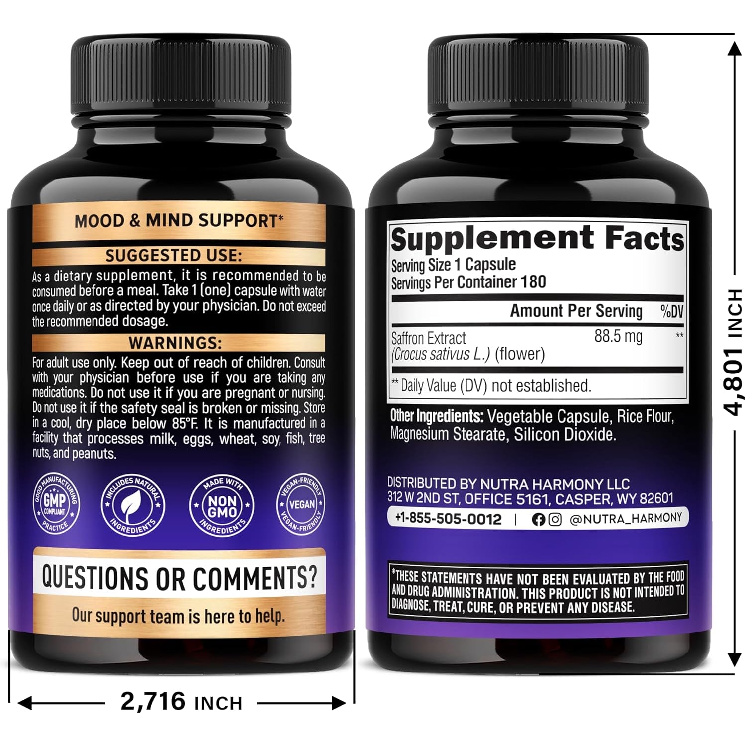 NutraHarmony Pure Saffron Extract 88.5mg – 180 Vegan Capsules | 6-Month Supply | Mood, Focus, Vision & Energy Support | Lab Tested