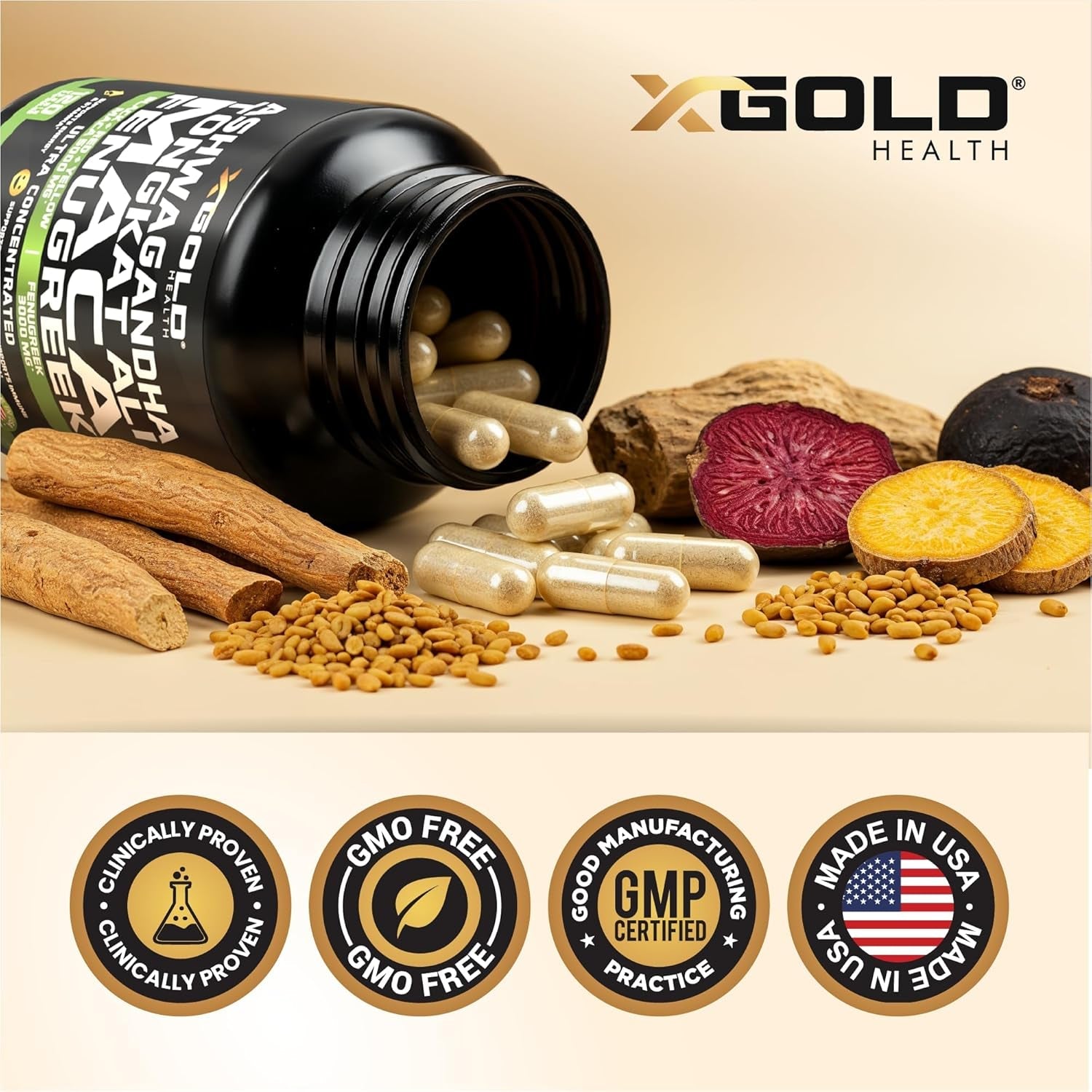 X Gold Health Ashwagandha Tongkat Ali Maca Fenugreek – 120 Capsules | Ultra-Potent Energy, Focus & Hormone Support