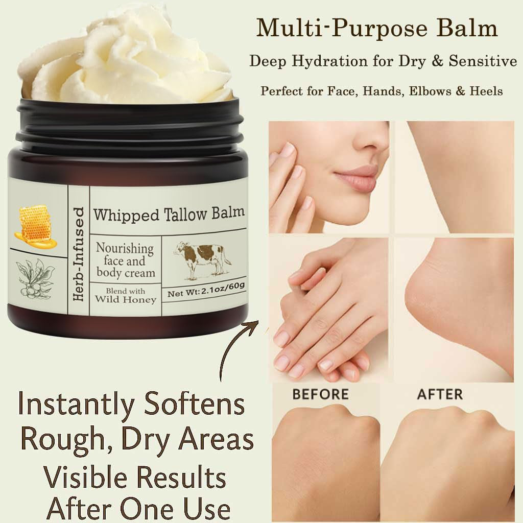 URQT Organic Grass-Fed Whipped Beef Tallow & Honey Balm – Face & Body | Deep Hydration | Natural Skin Care for Soft & Supple Skin