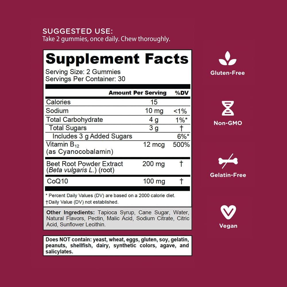 Goli Beets Cardio Gummies with Coq10 and Vitamin B12 - Beetroot Extract - Cardiovascular Wellness - Vegan, Non-Gmo, Gluten-Free